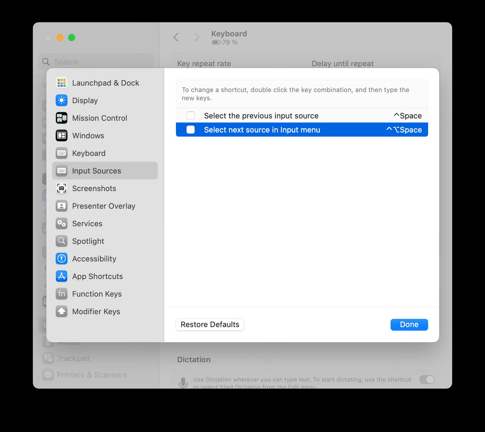 Screenshot of System Settings showing the input sources setting being changed