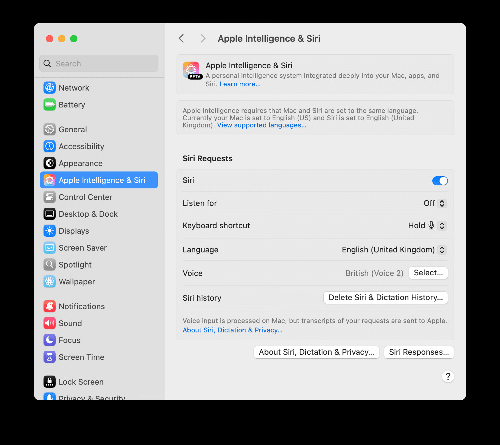 Screenshot of System Settings showing Siri settings