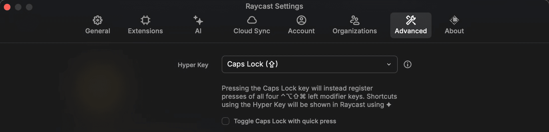 Screenshot of configuring Hyper Key in Raycast V1