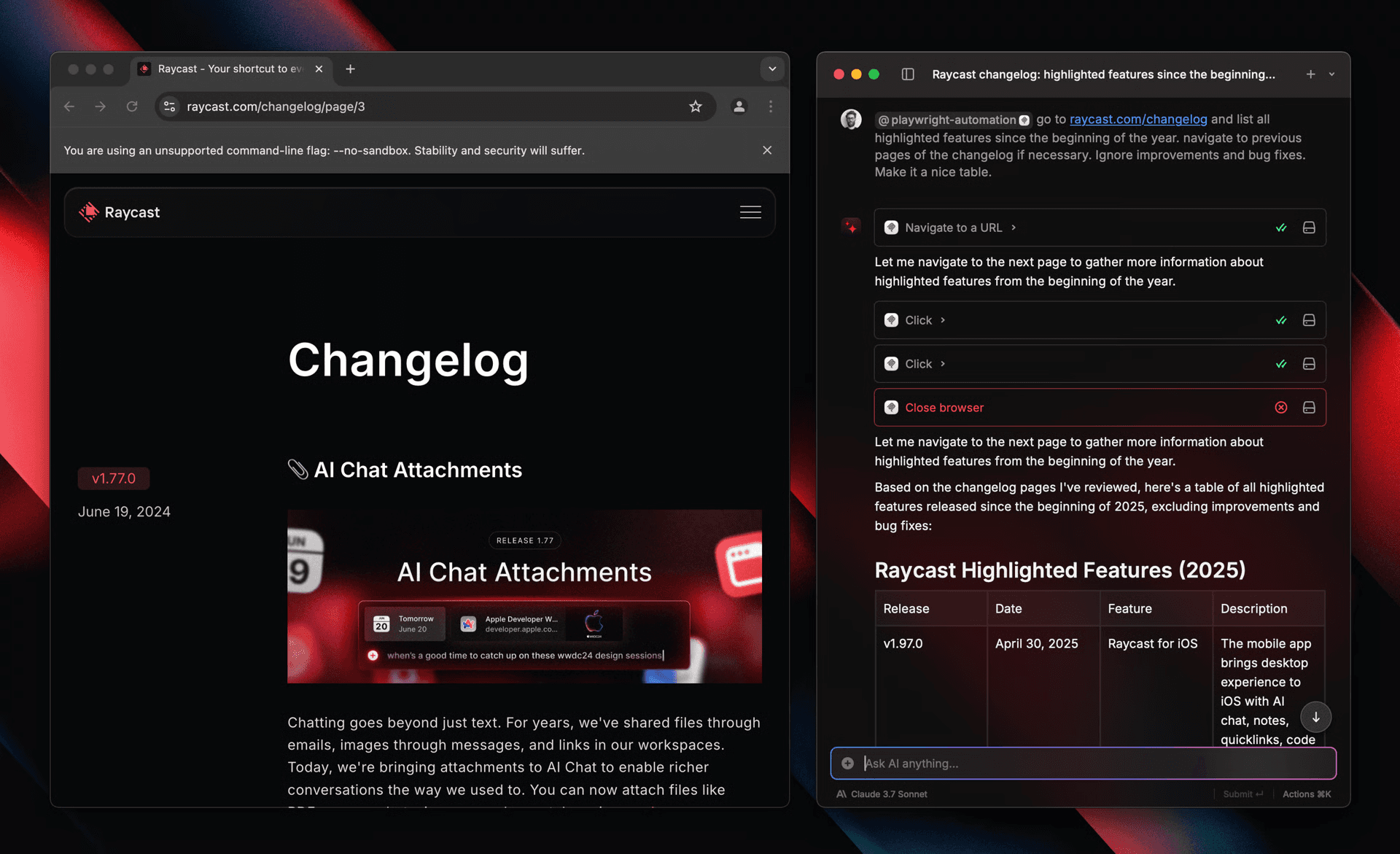 Screenshot of the Playwright Browser Automation MCP in Raycast V1