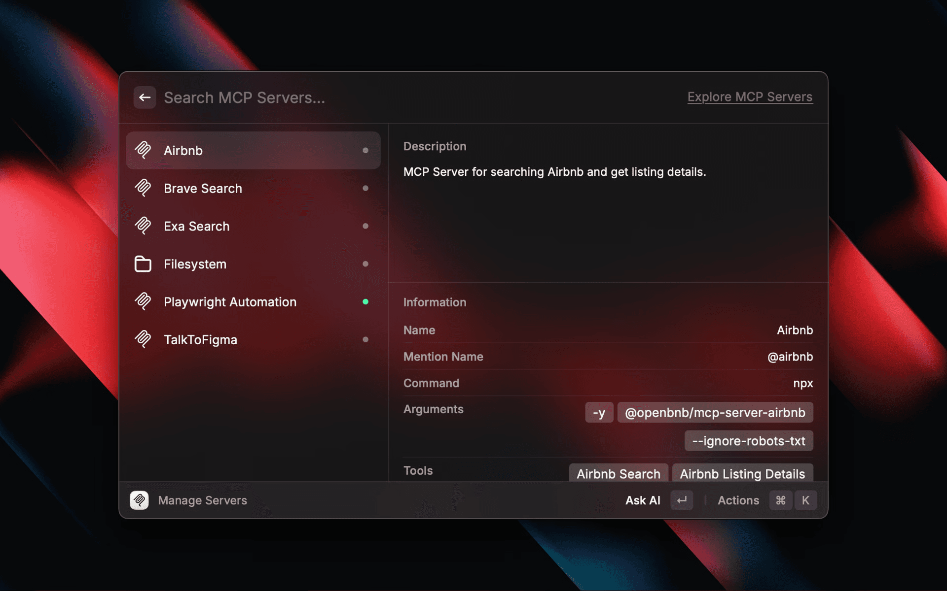 Screenshot of the Manage Servers command in Raycast V1
