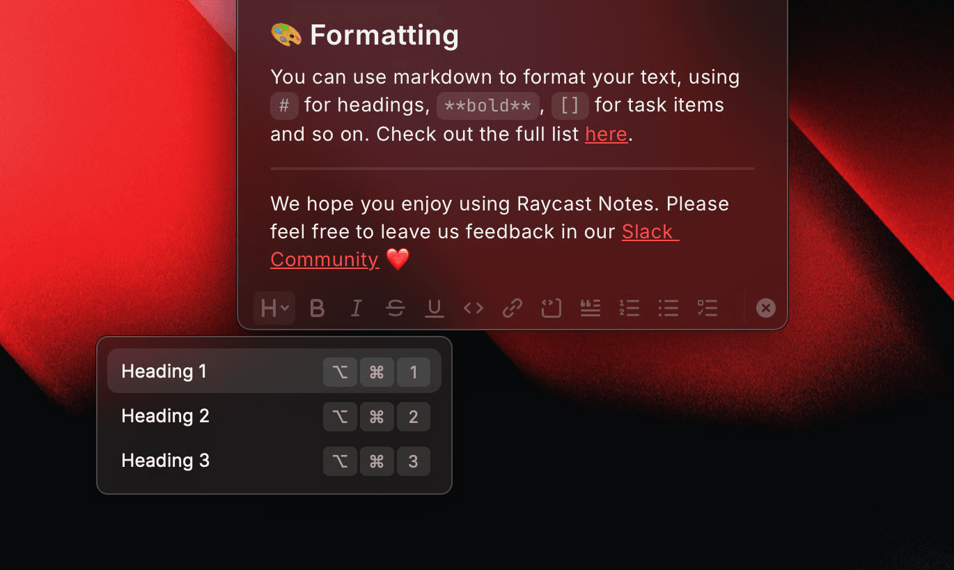 Screenshot of a note being edited in Raycast V1