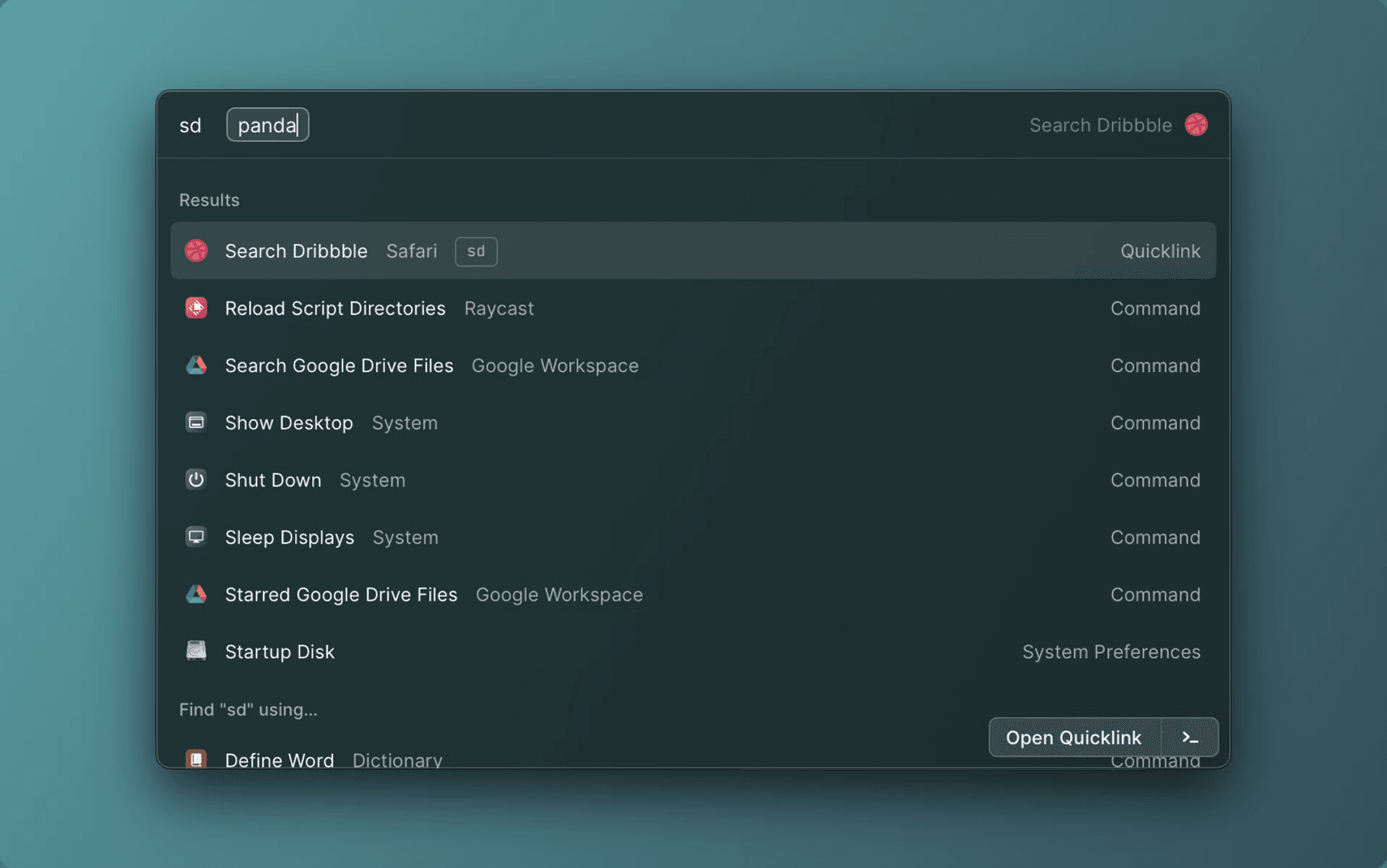 Screenshot of Quicklinks being used in Raycast V1