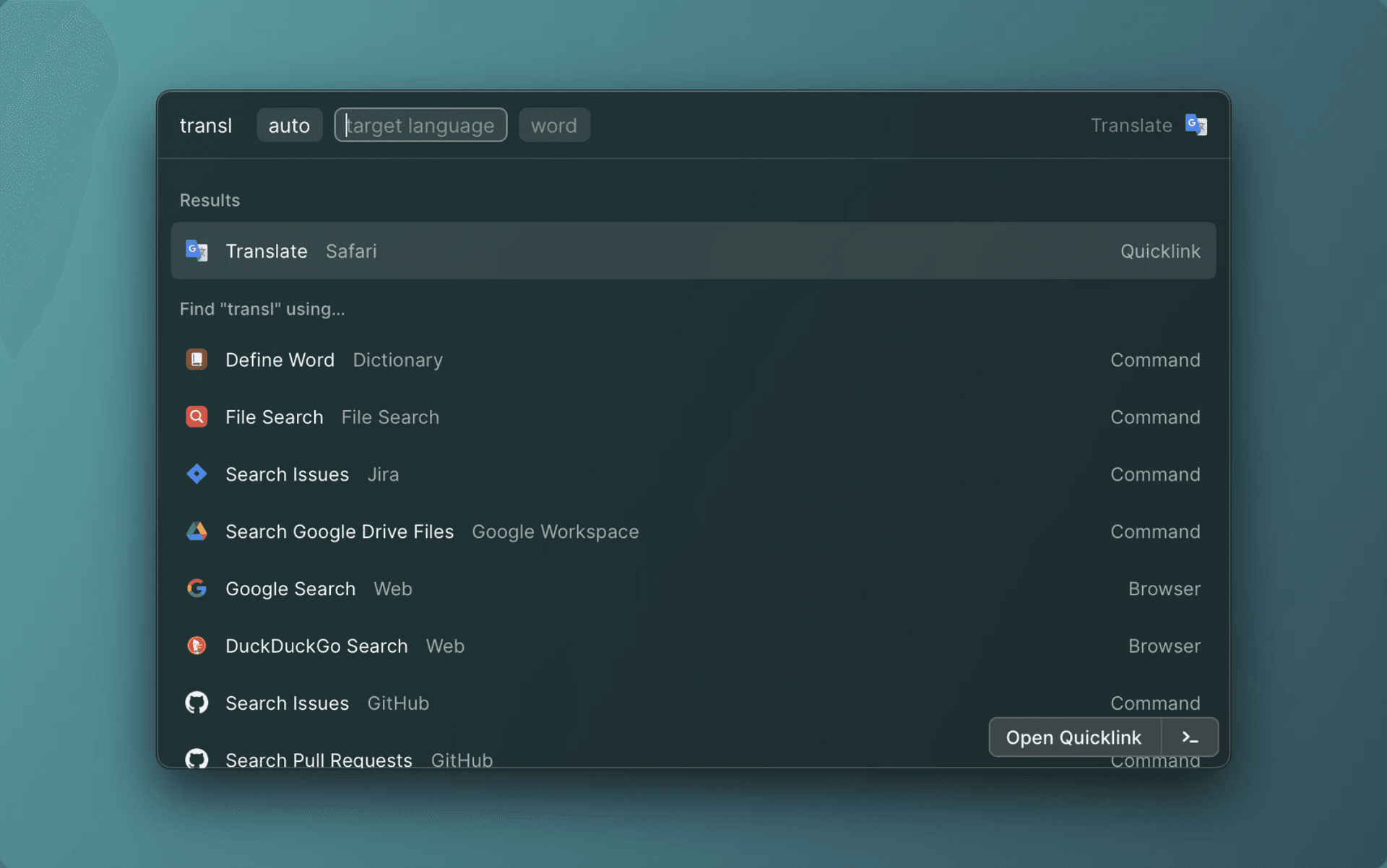 Screenshot of a translate Quicklink being used in Raycast V1