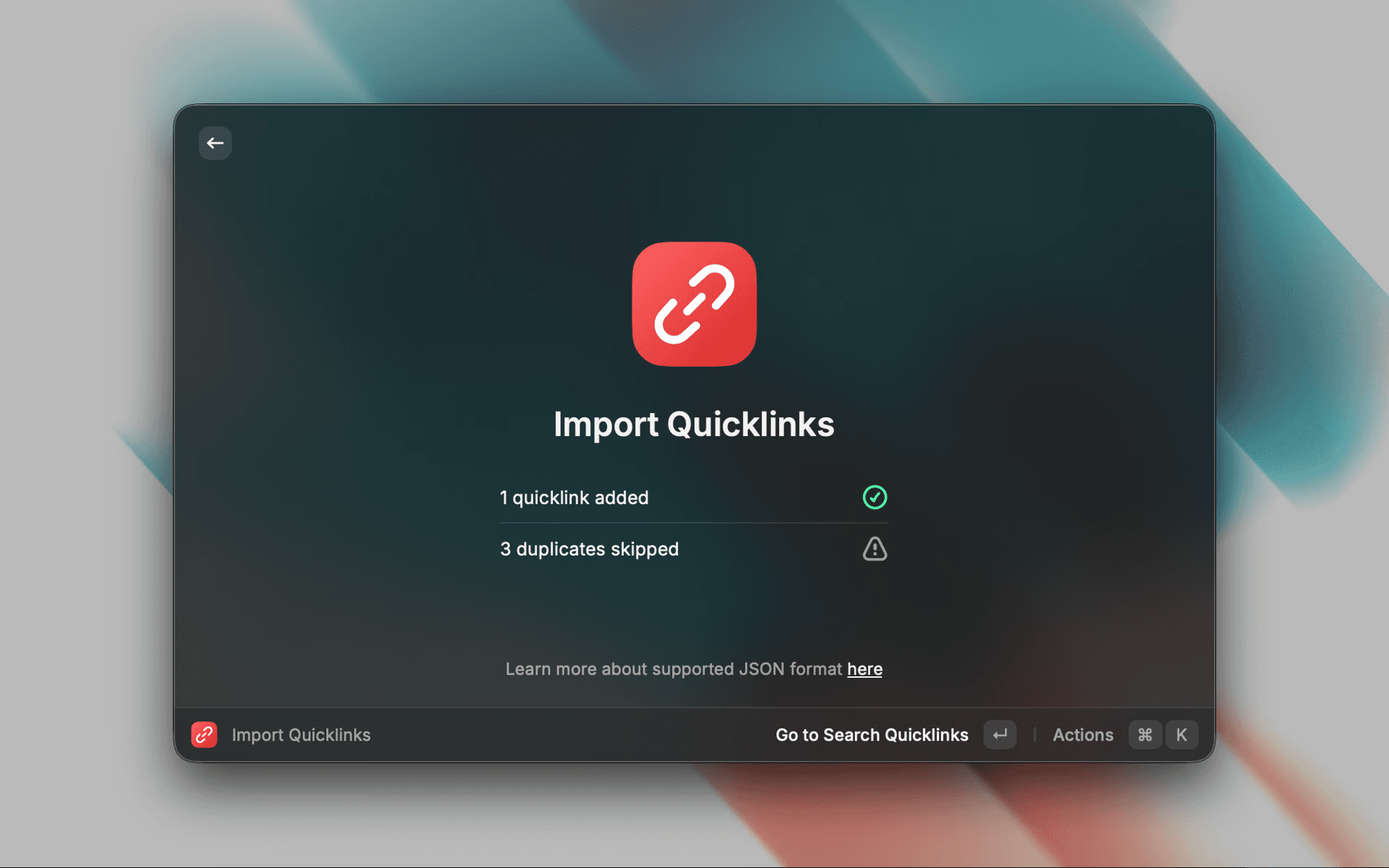 Screenshot of the Import Quicklinks command completed in Raycast V1