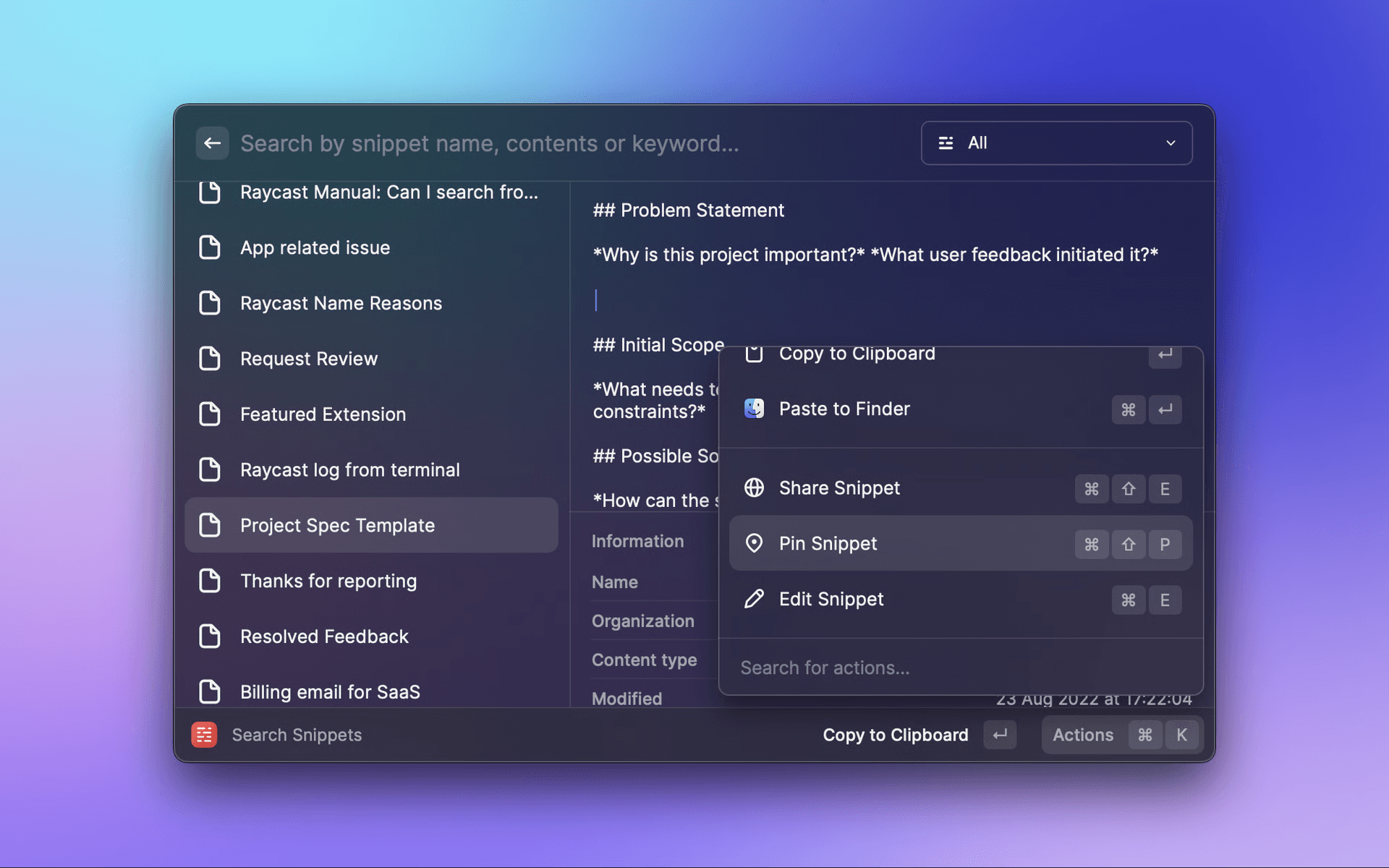 Screenshot of the Search Snippet command in Raycast V1