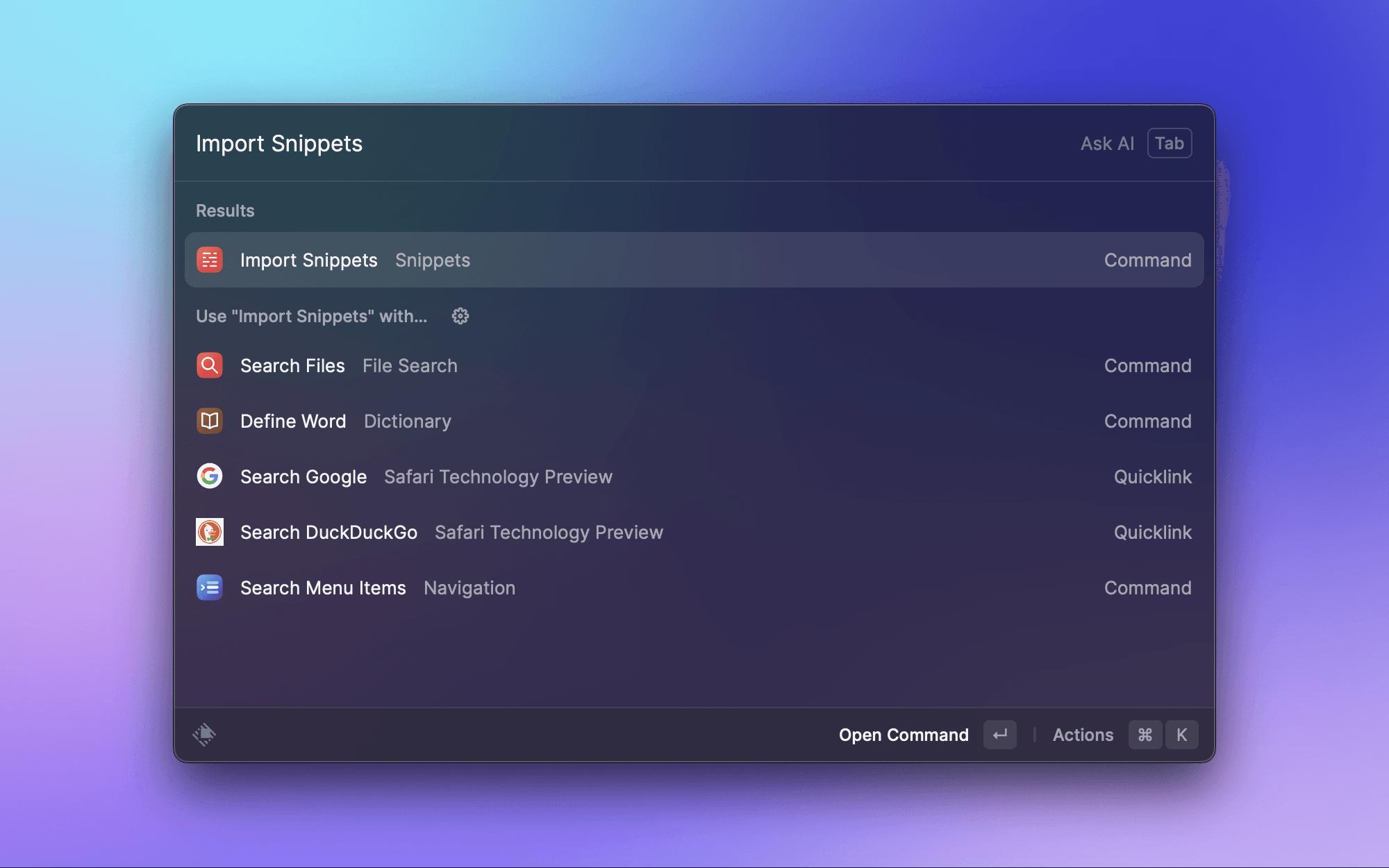 Import Snippets command