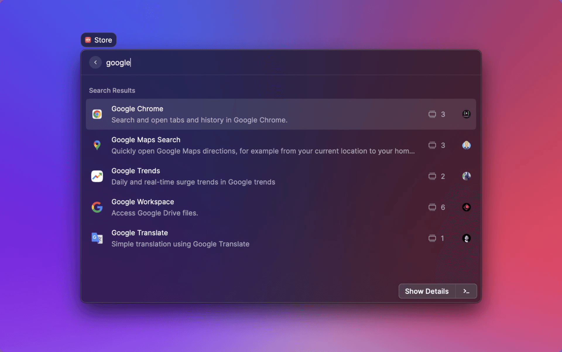 Screenshot of extensions being searched in the Store in Raycast V1