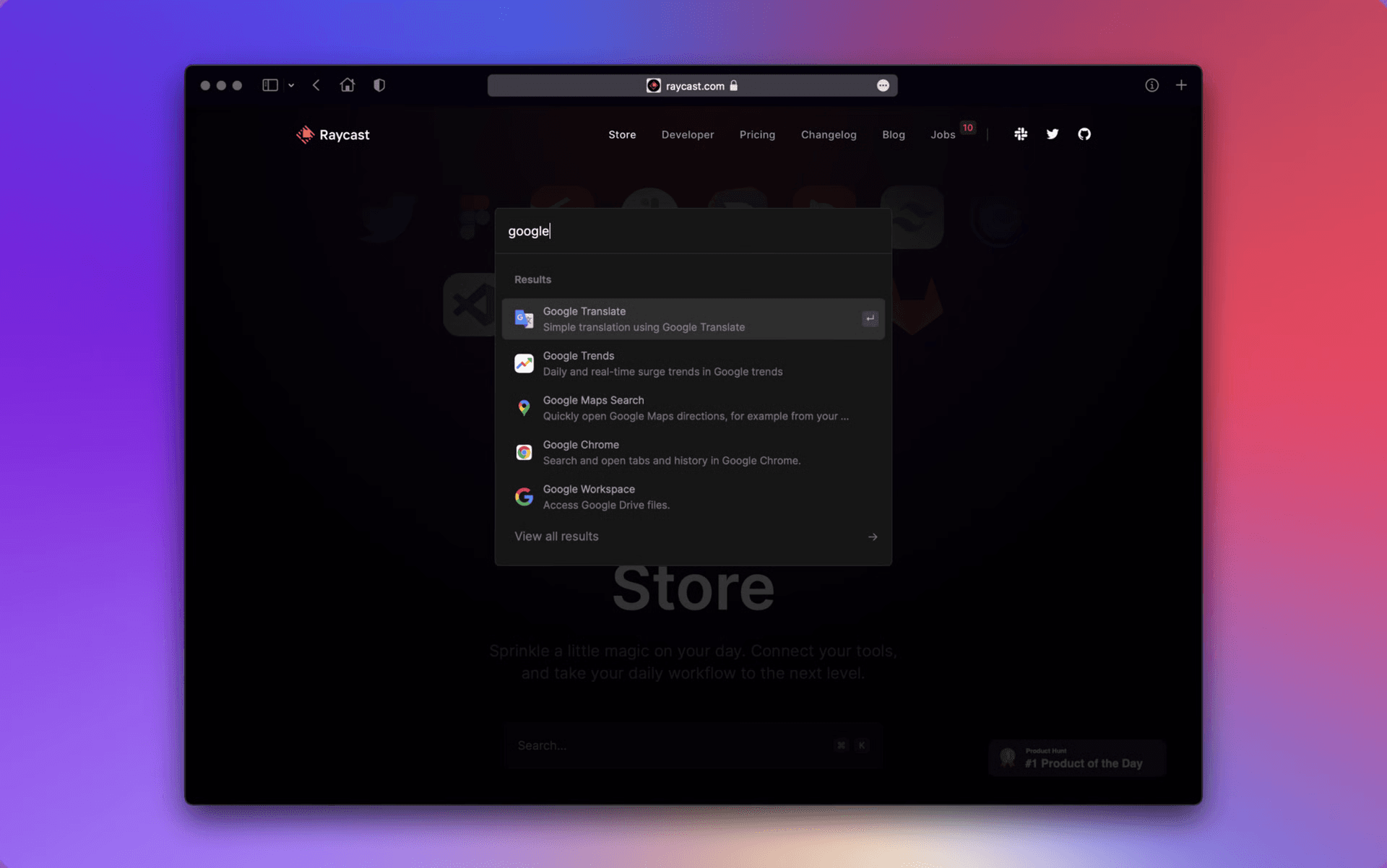 Screenshot of extensions being searched in the Raycast web store