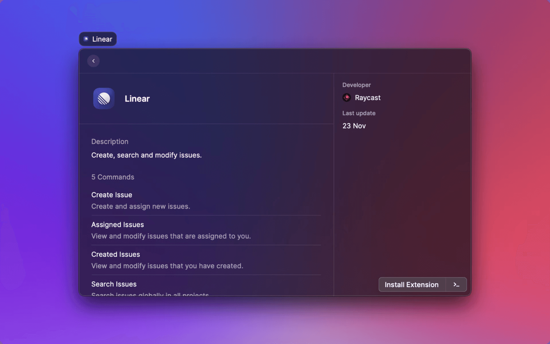 Screenshot of an extension being viewed in the Store in Raycast V1