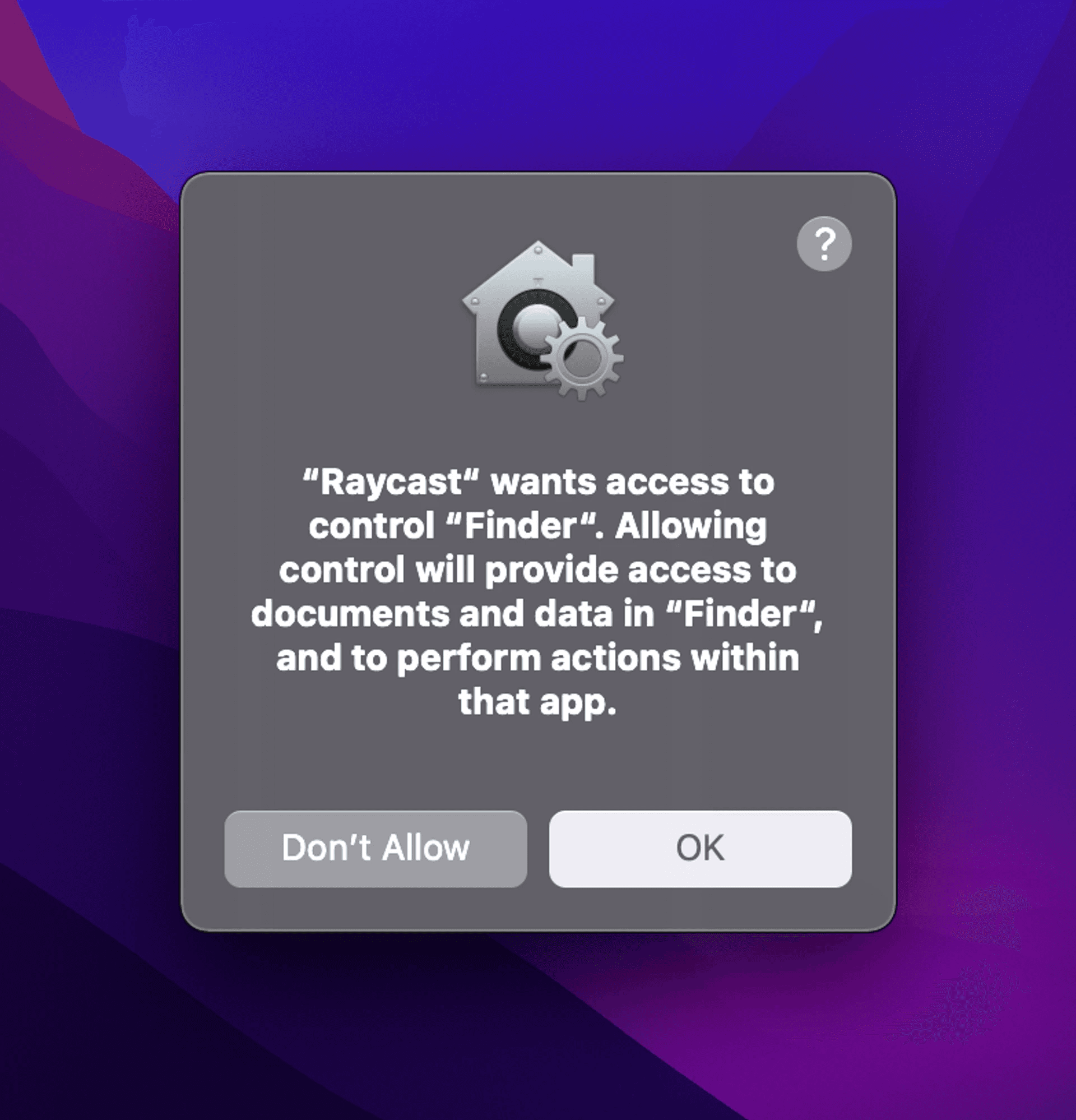 Screenshot of Raycast V1 requesting system permissions
