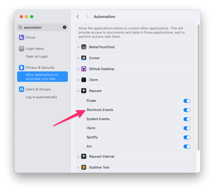 Allow Raycast to open Shortcuts