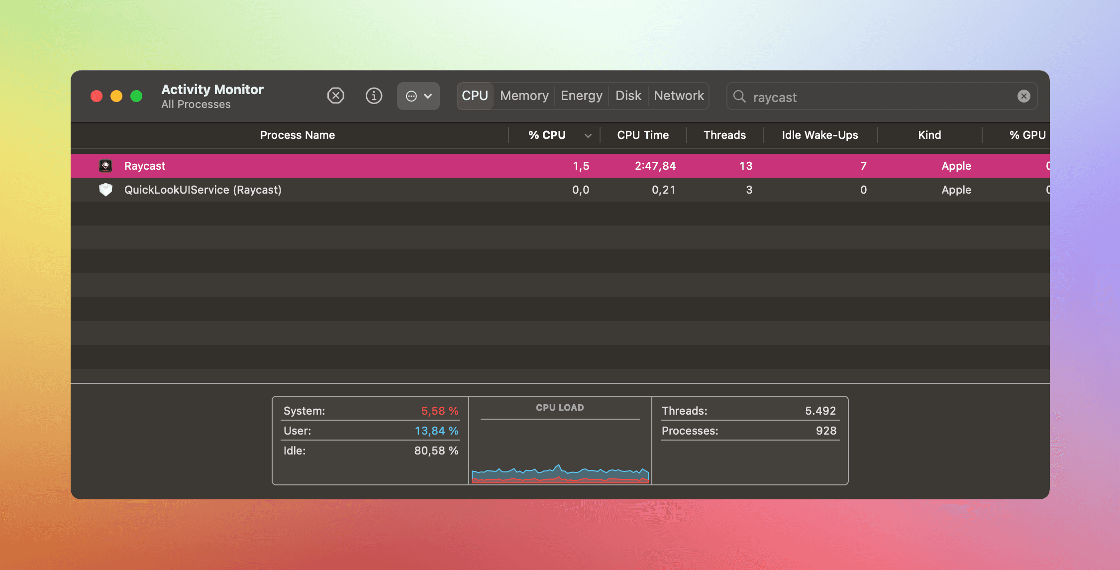 Activity Monitor filtered for Raycast