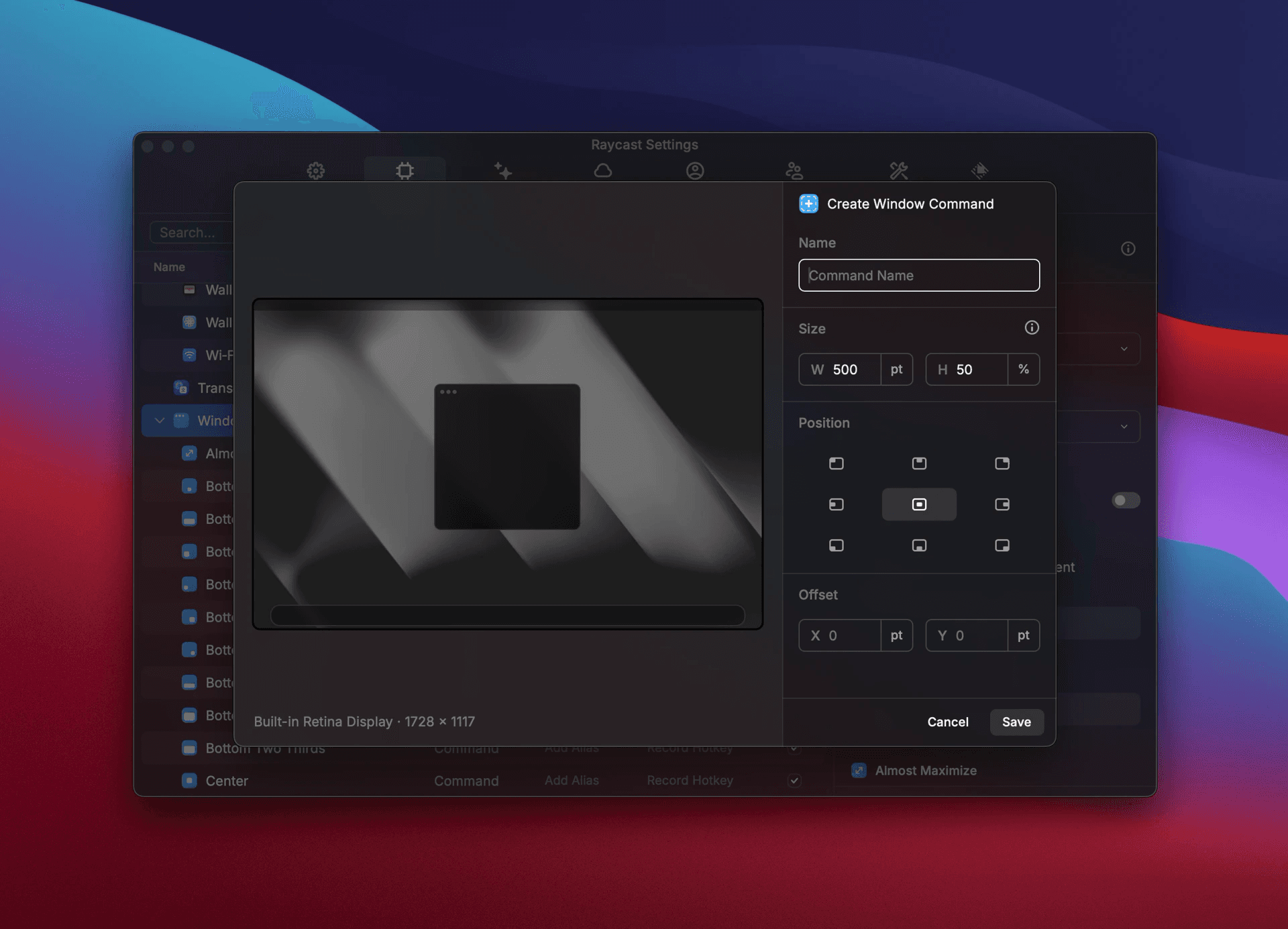 Screenshot of creating custom window management command in Raycast V1
