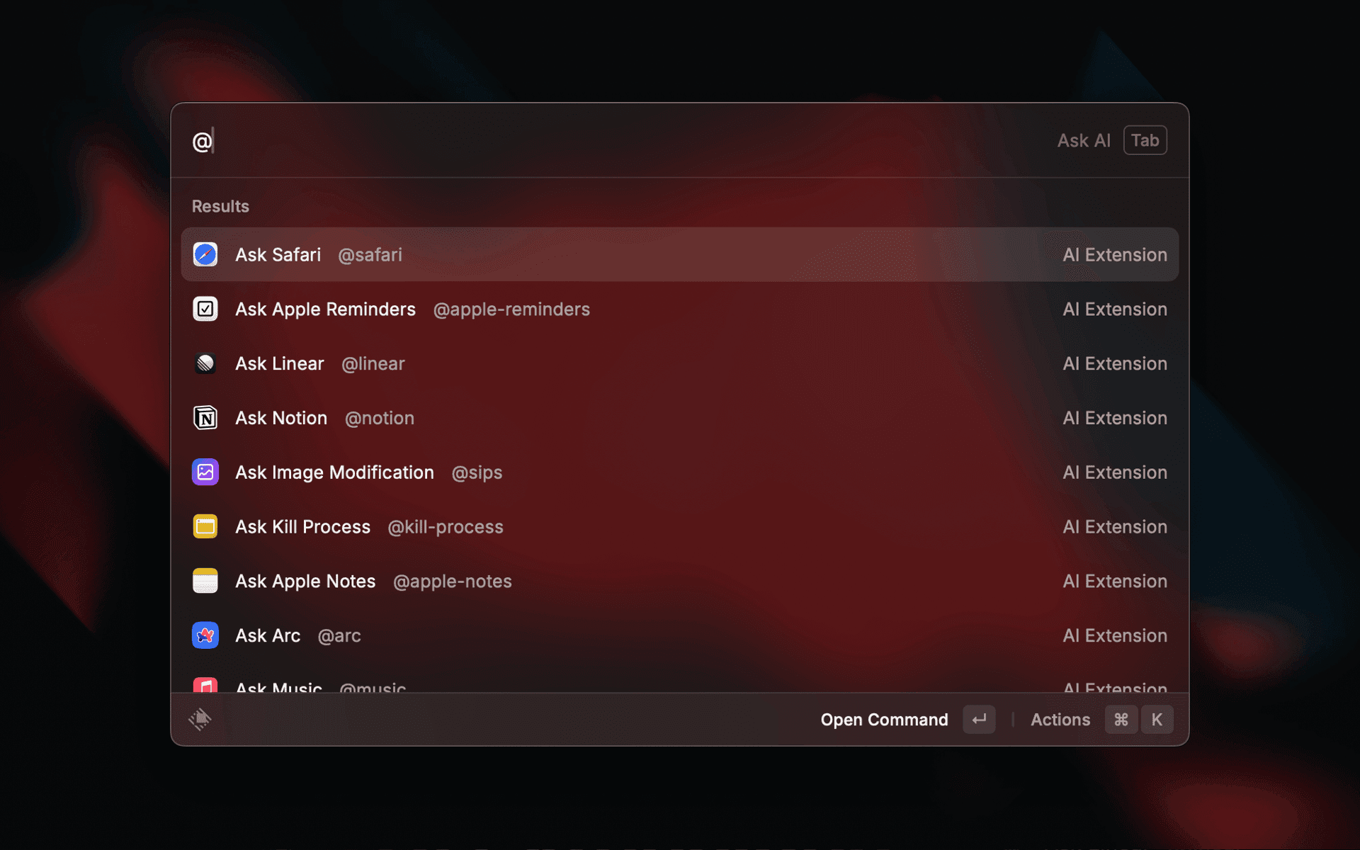 Screenshot of the AI commands in root search in Raycast v1