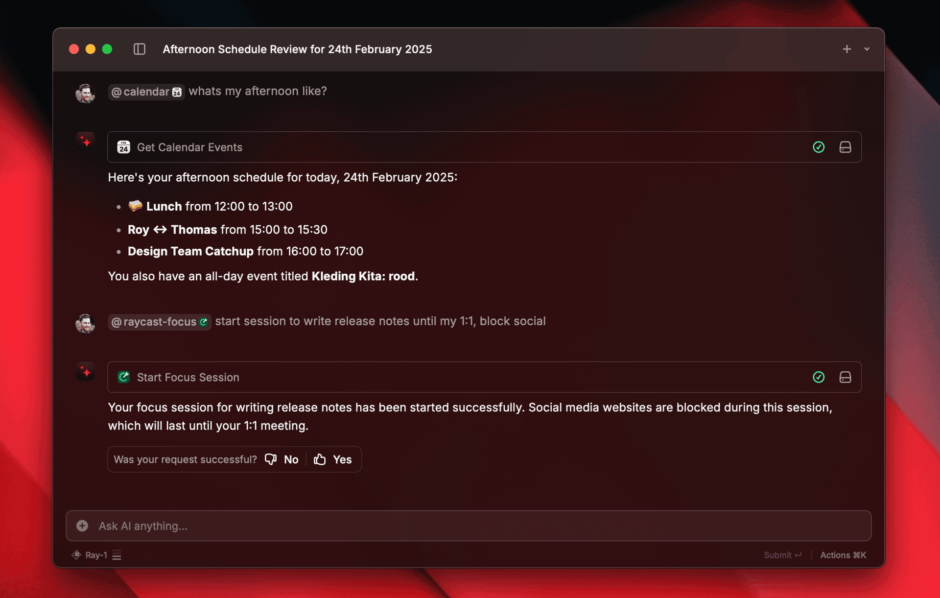 Screenshot of the Calendar AI Extension in AI Chat in Raycast v1