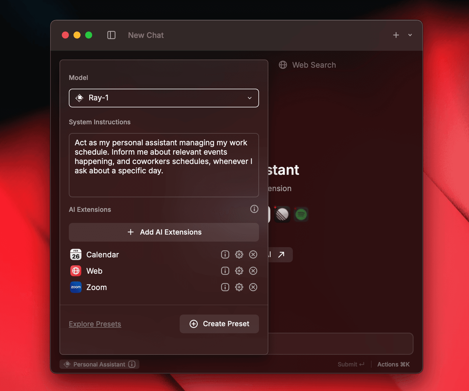 Screenshot of the AI Extensions settings in AI Chat in Raycast v1