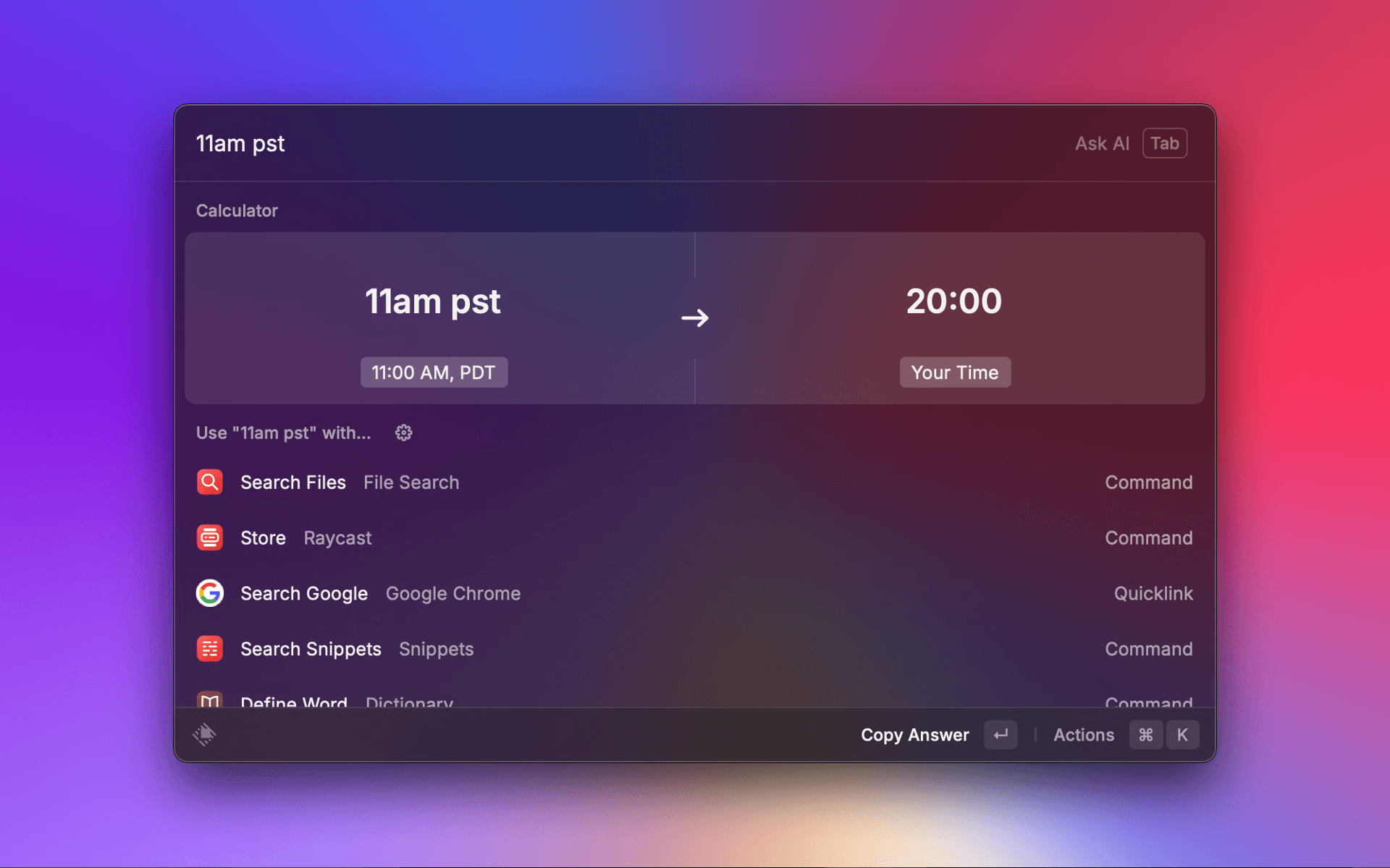 Screenshot of Raycast v1 converting time in another location
