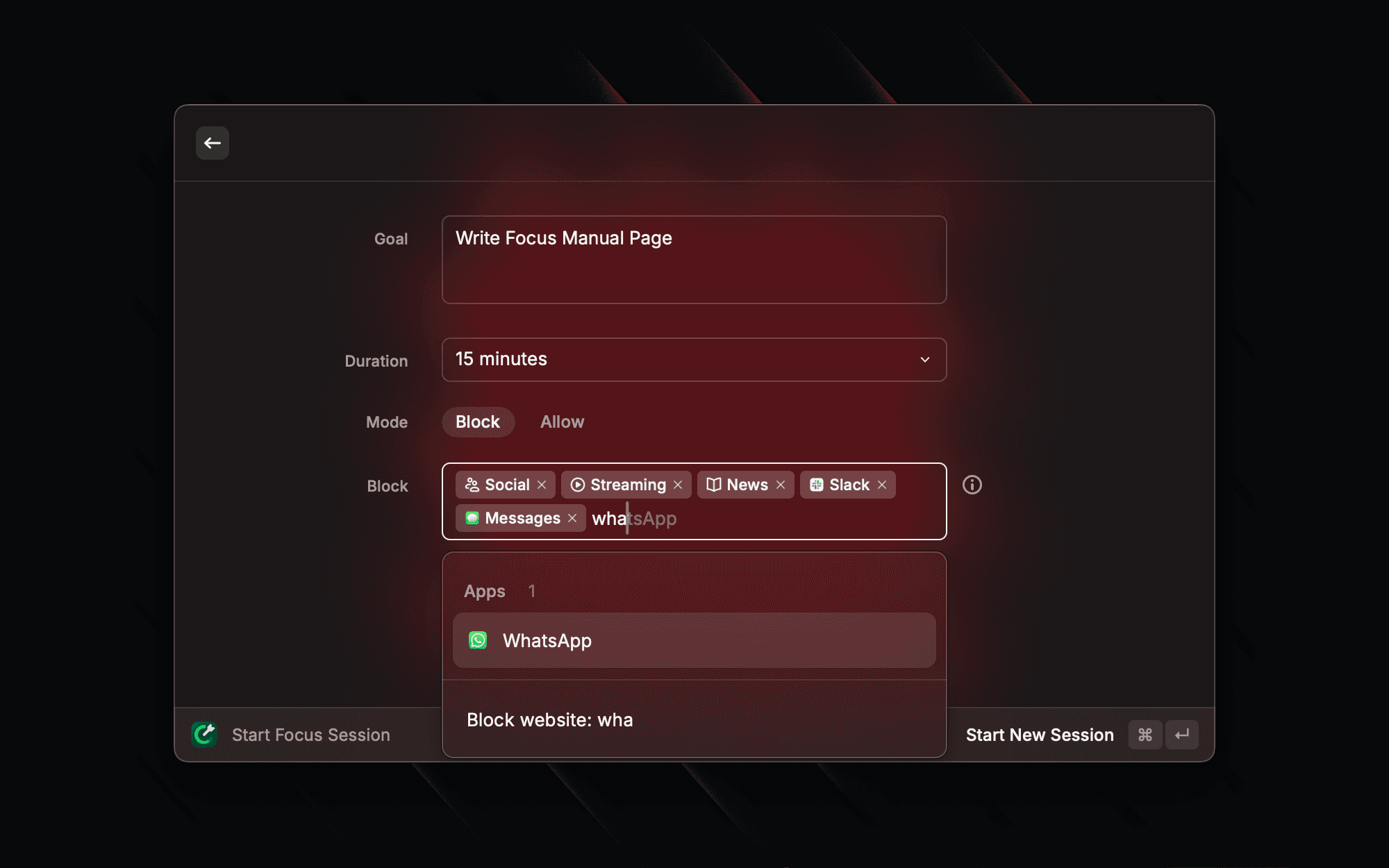 Screenshot of a focus session being started in Raycast v1