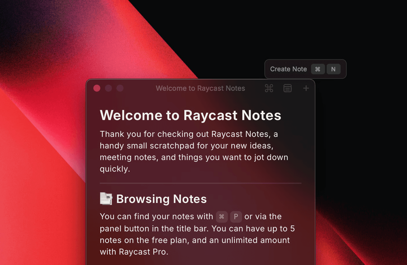 Screenshot of a new note being created in Raycast v1