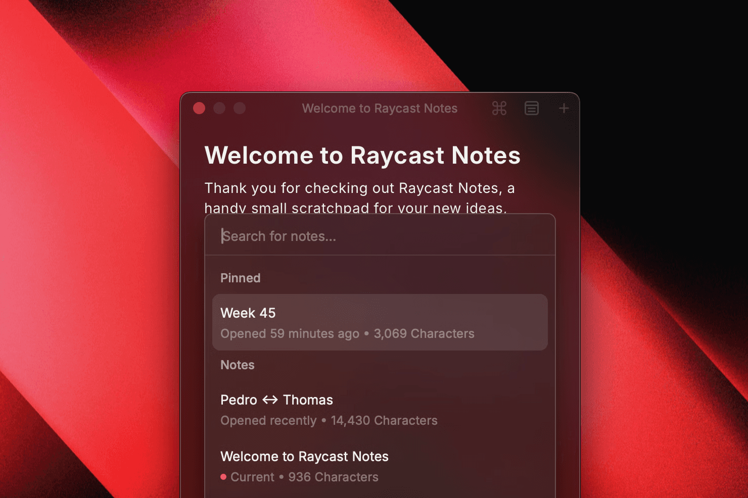 Screenshot of browsing notes in Raycast v1