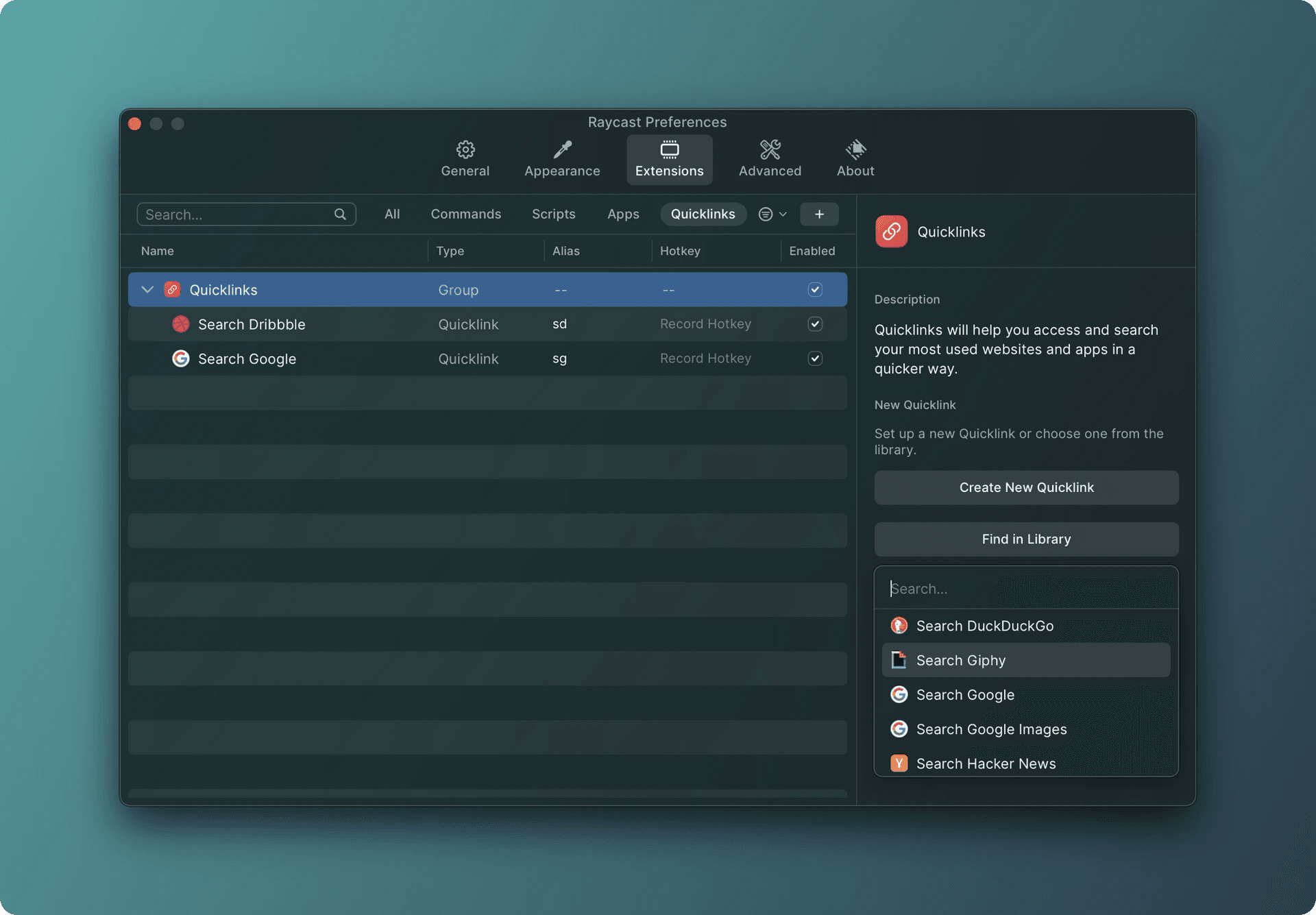 Screenshot of the Quicklinks settings in Raycast v1 preferences