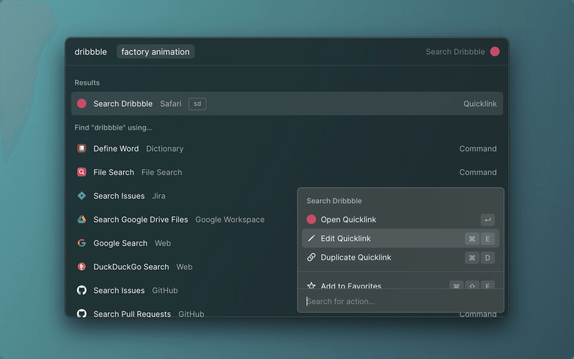 Screenshot of Quicklink action being shown in Raycast v1