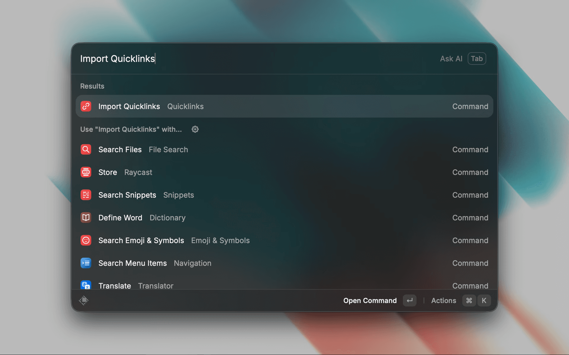 Screenshot of the Import Quicklinks command in Raycast v1