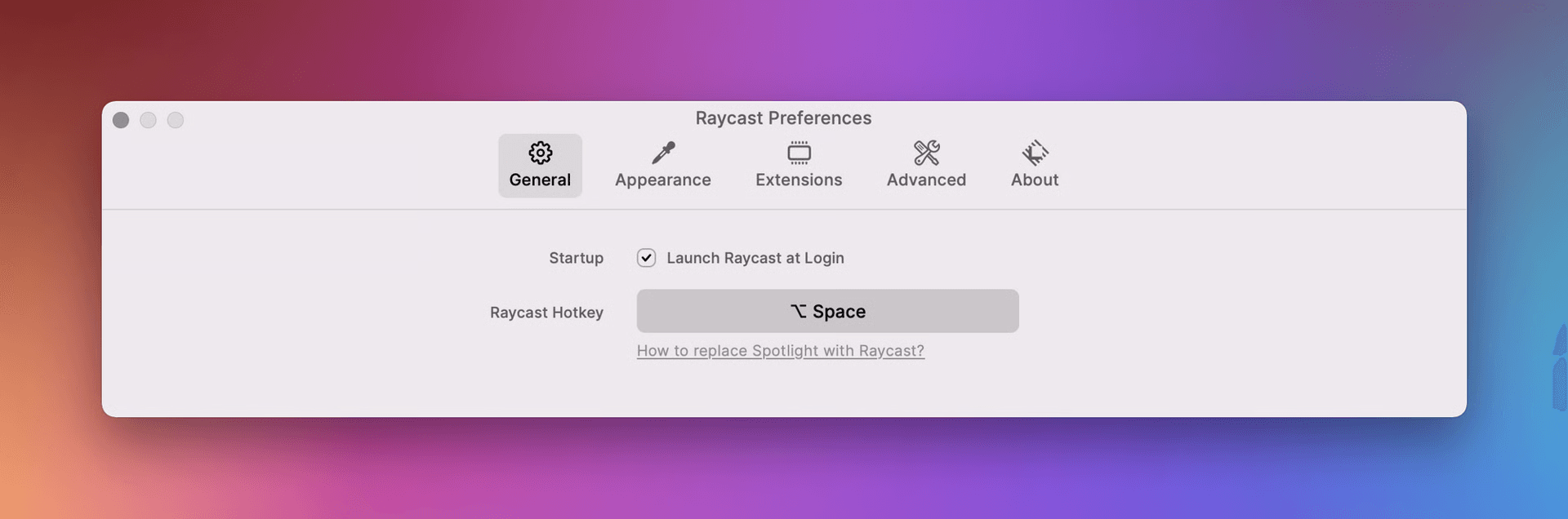 Screenshot of the General settings menu in Raycast v1 Preferences