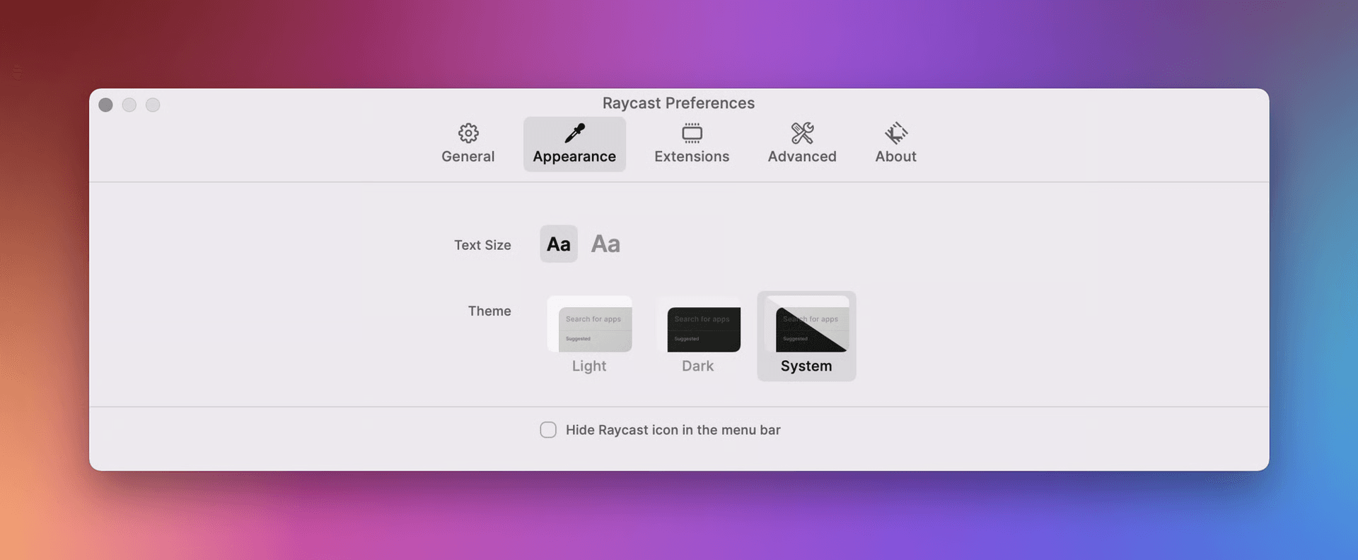 Screenshot of the Appearance settings menu in Raycast v1 Preferences