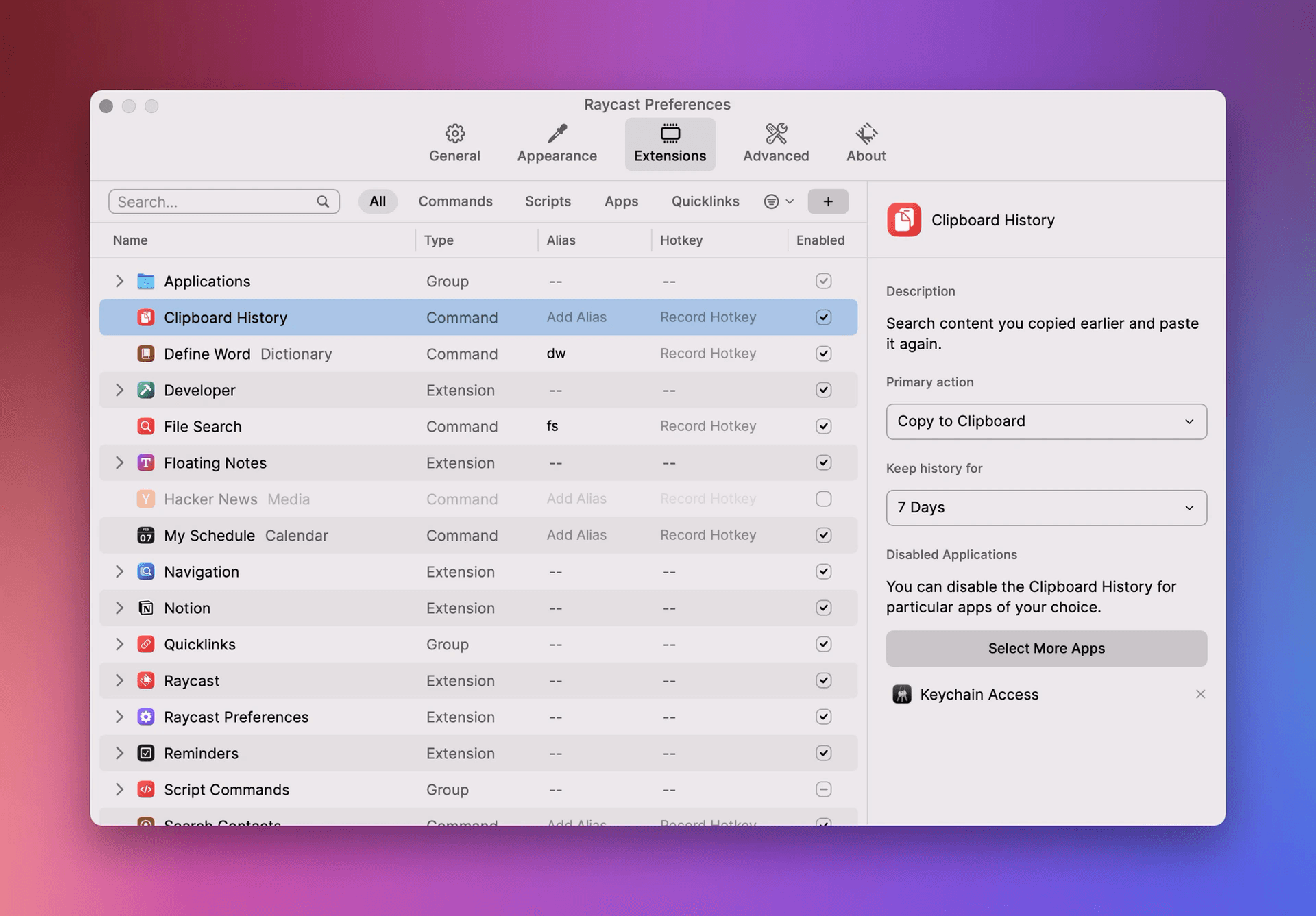 Screenshot of the Extensions settings menu in Raycast v1 Preferences