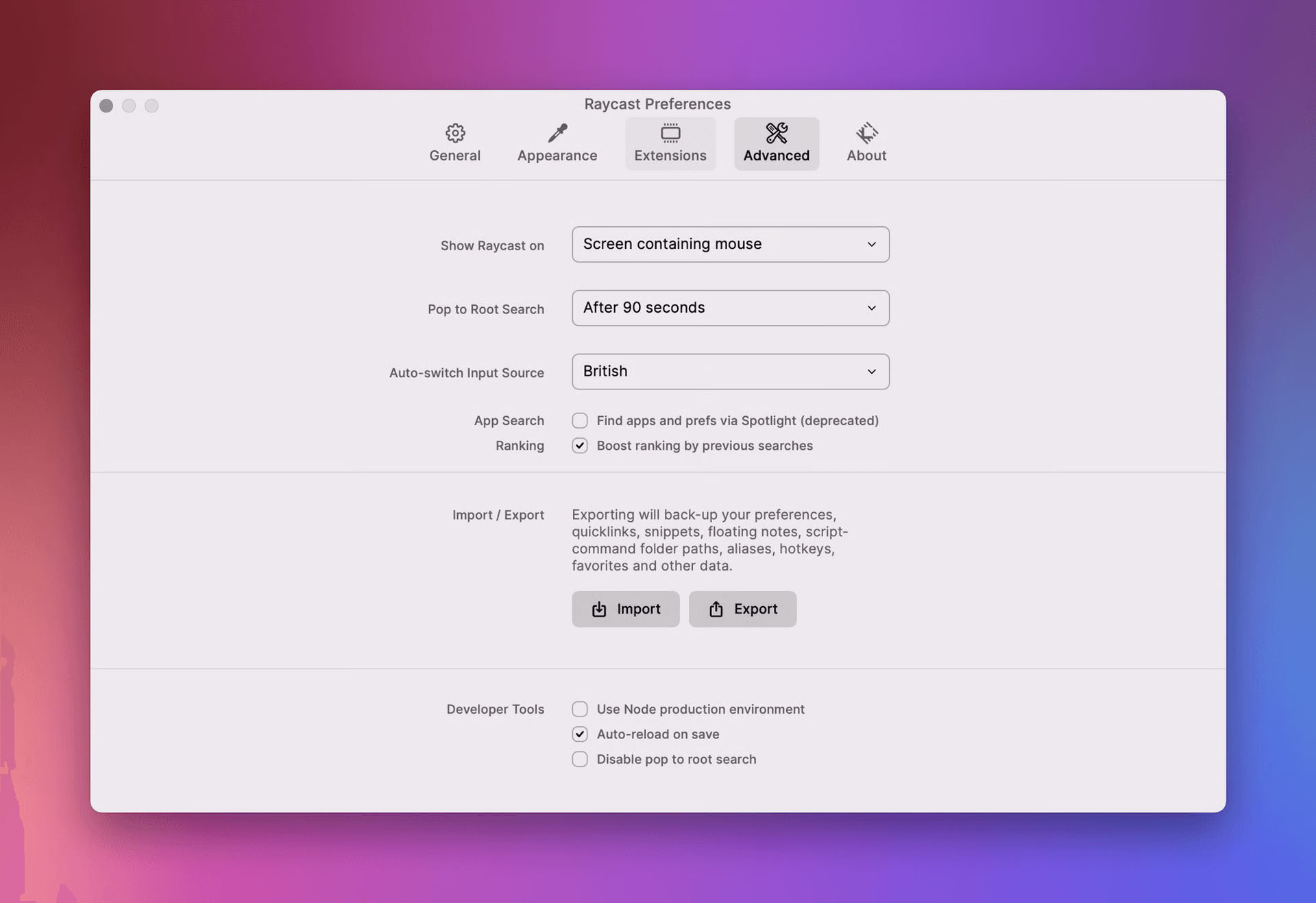 Screenshot of the Advanced settings menu in Raycast v1 Preferences