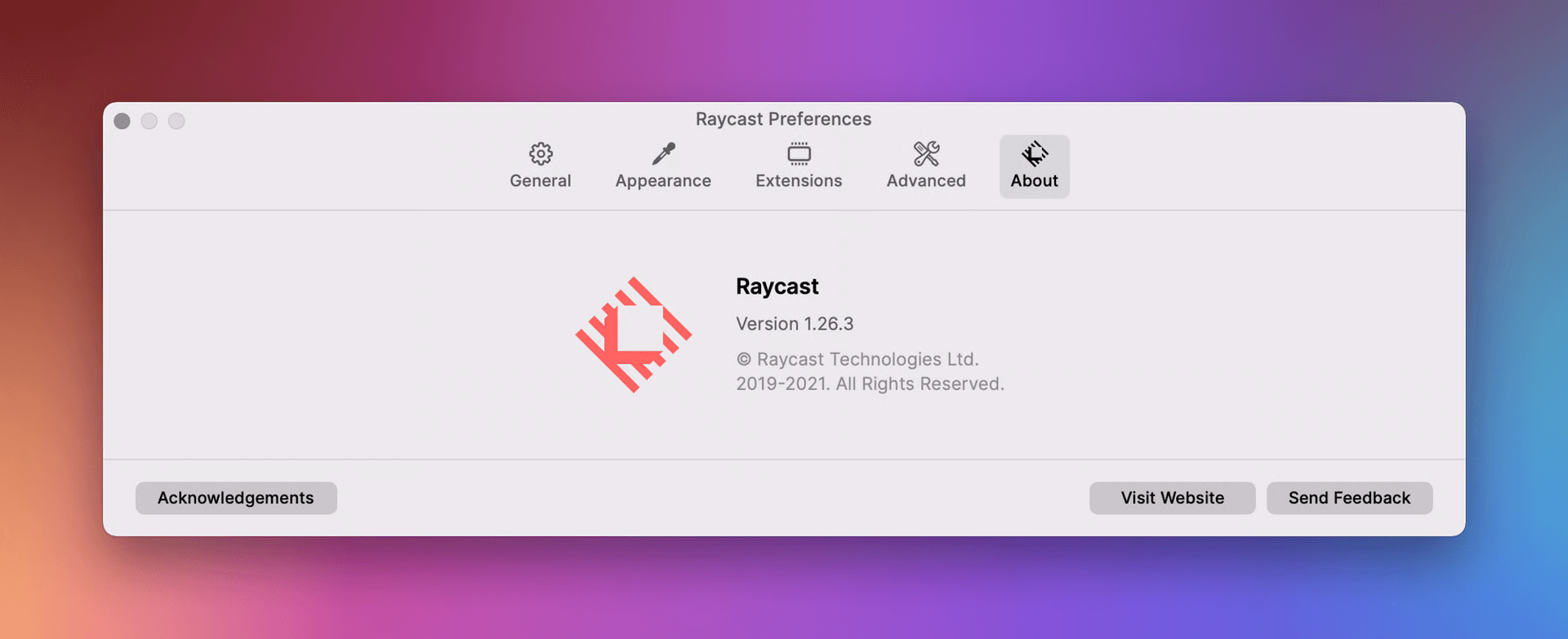Screenshot of the About settings menu in Raycast v1 Preferences