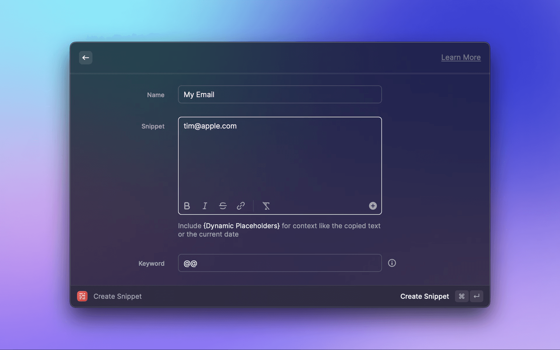 Screenshot of the Create Snippet command in Raycast v1