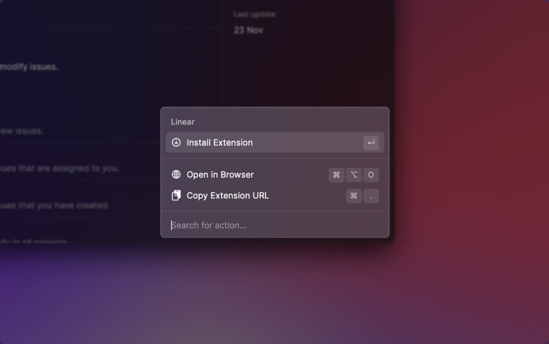 Screenshot of the action panel in Store in Raycast v1