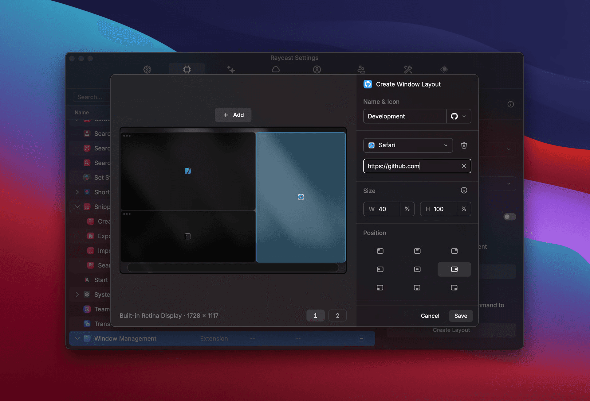 Screenshot of creating custom window layout in Raycast v1