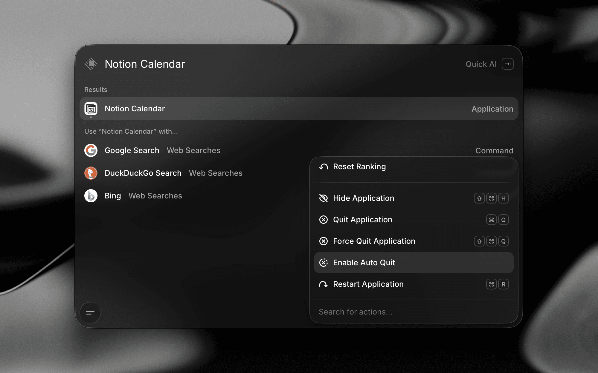 Raycast Root Search showing Notion Calendar with the Action Panel open and Enable Auto Quit highlighted