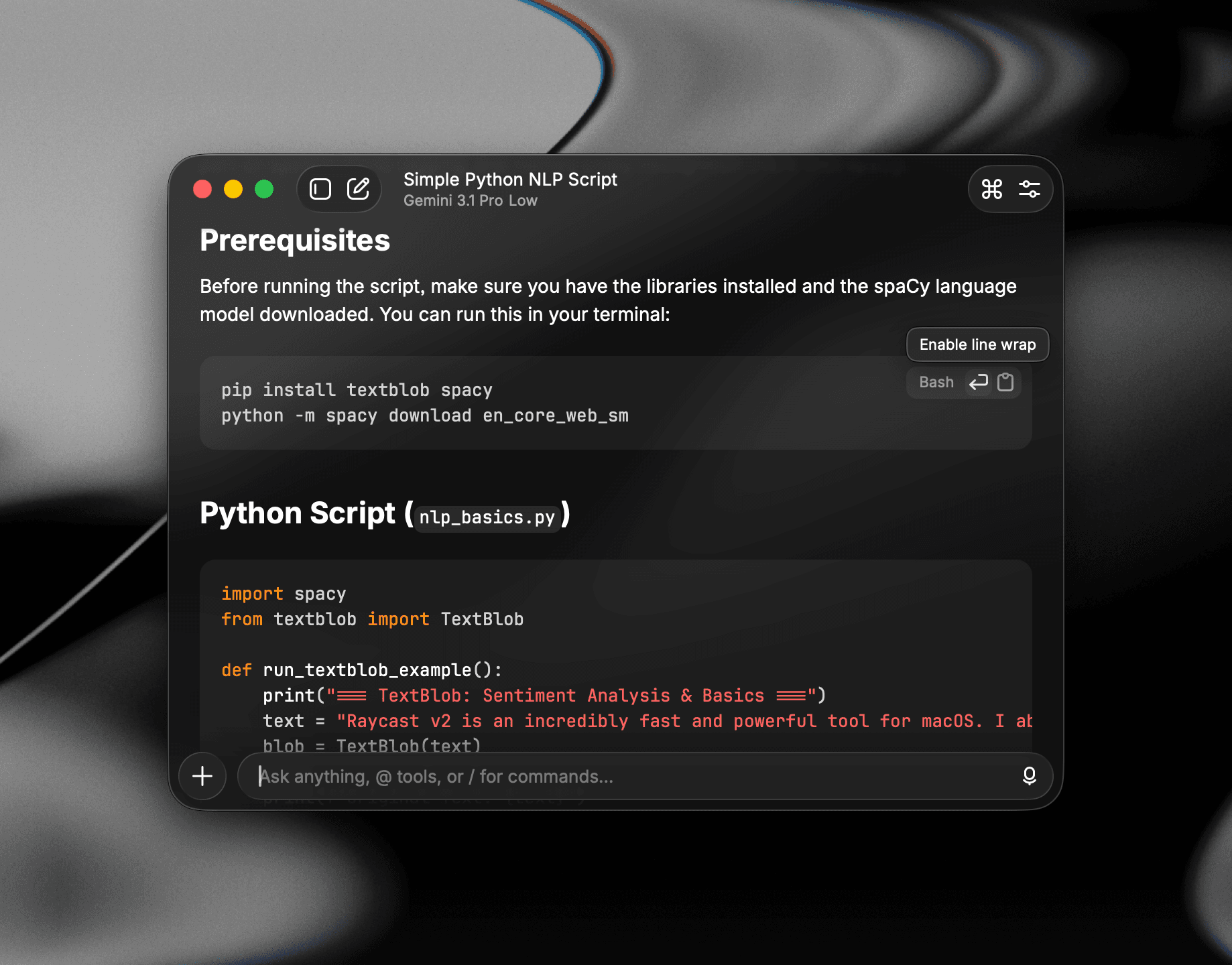 Enable line wrap button in an AI Chat code block
