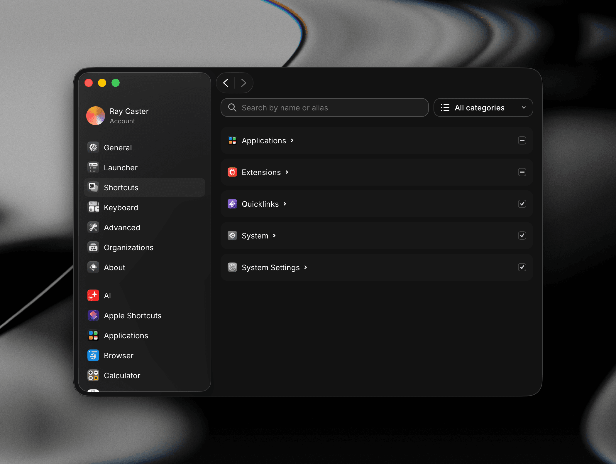Shortcuts settings