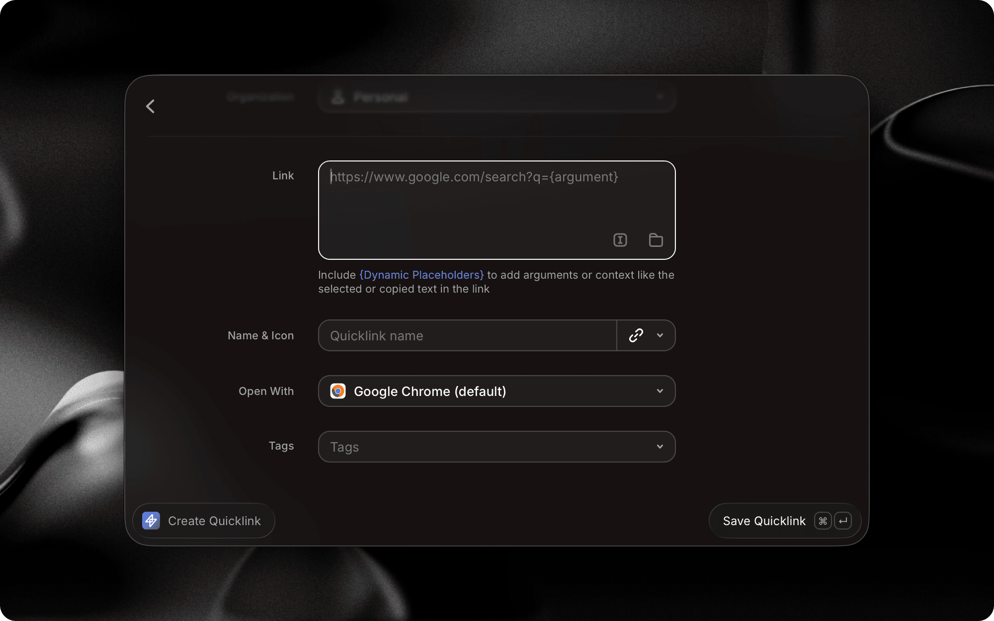 A screenshot showing tags being applied to a Quicklink in Raycast V2