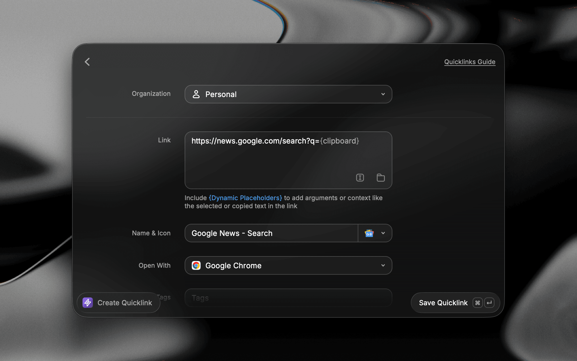 Create Quicklink with {clipboard} placeholder in the URL