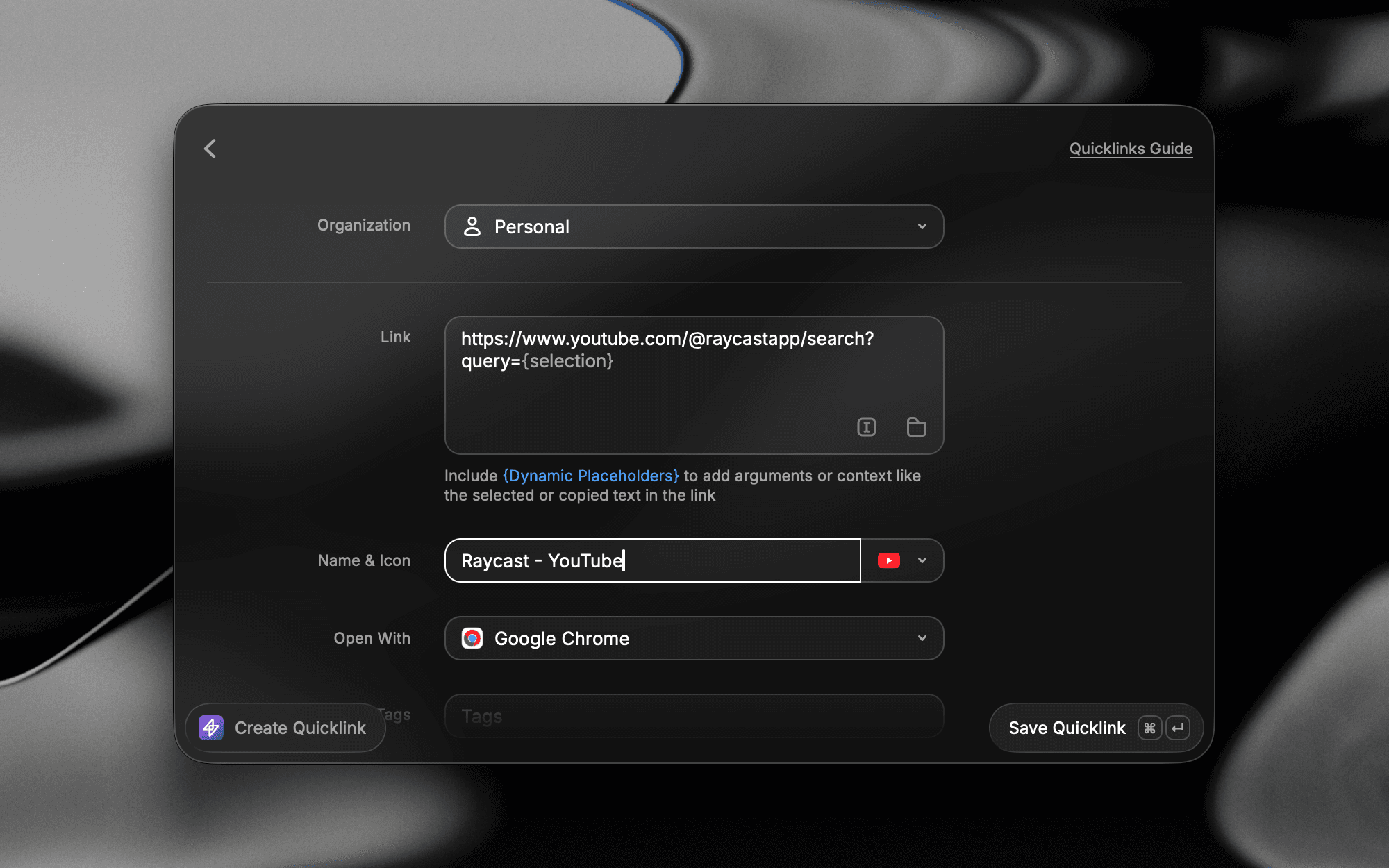 Create Quicklink with {selection} placeholder in the URL