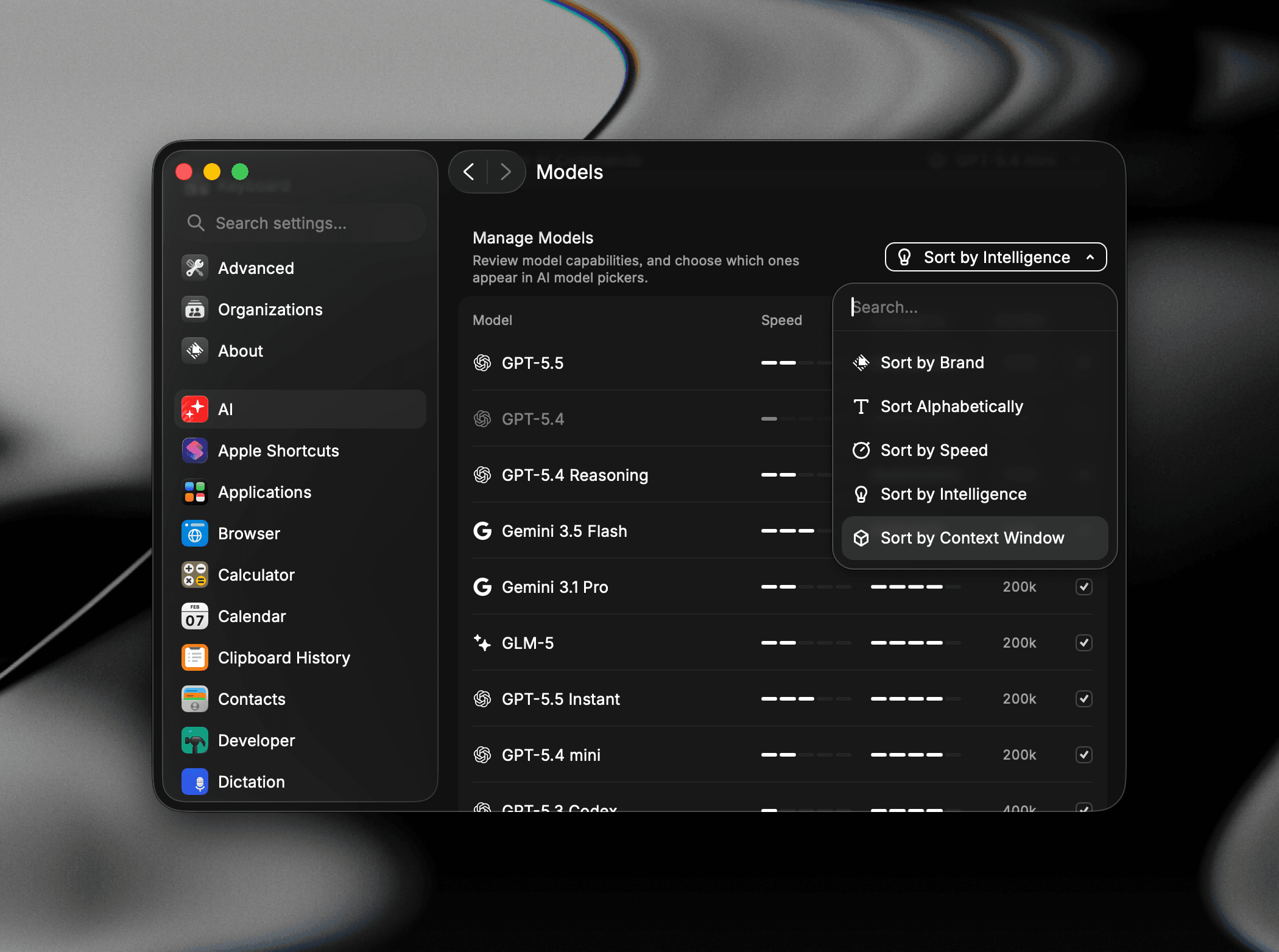 Sort menu in Manage Models