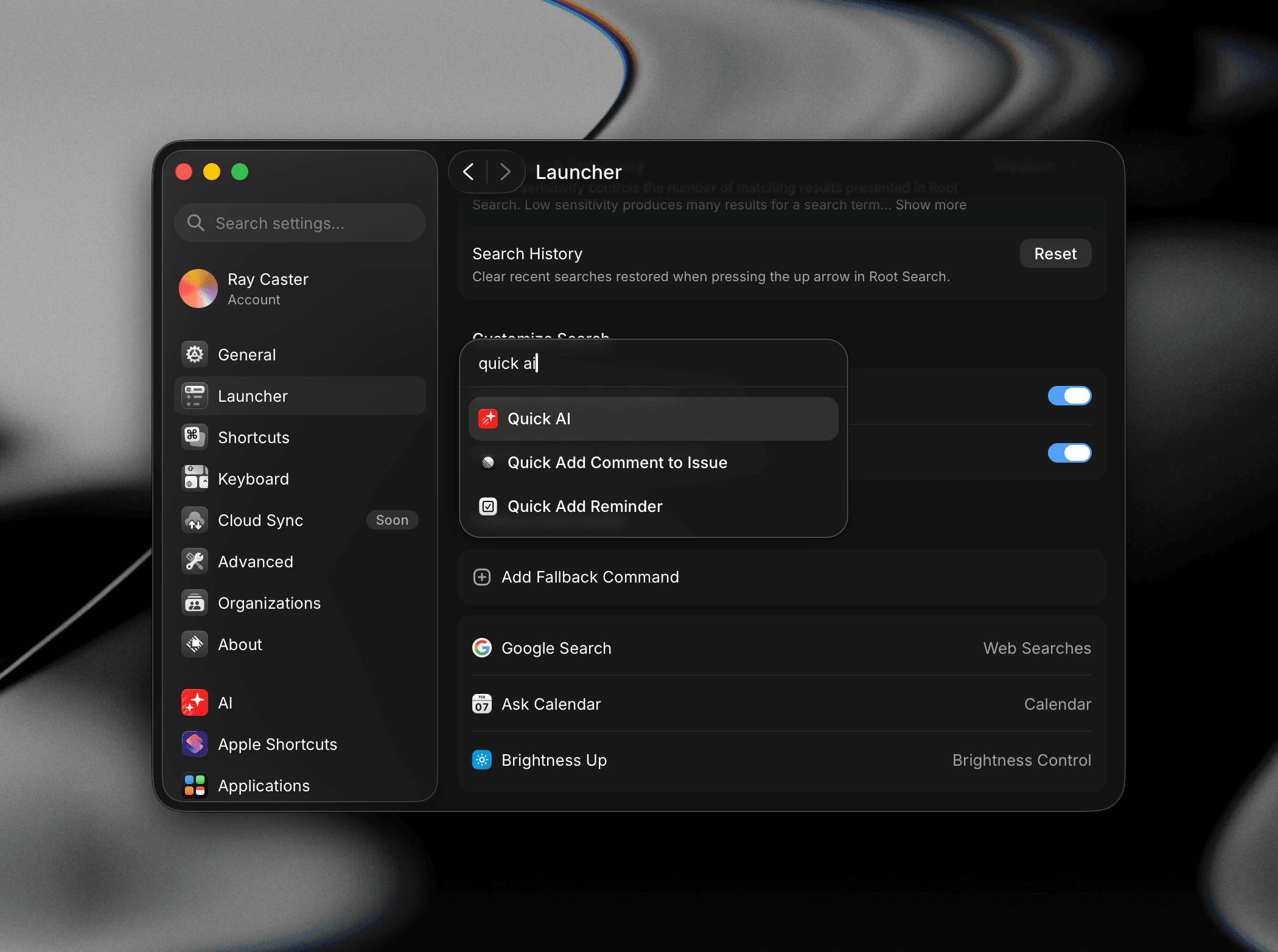 Adding Quick AI as a fallback command in Raycast Launcher settings