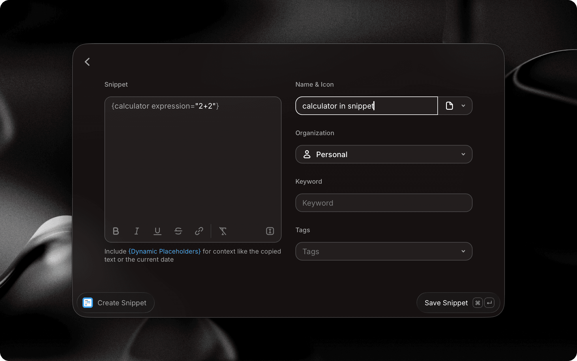 A screenshot showing the new Calculator dynamic placeholder being used in a Snippet in Raycast V2