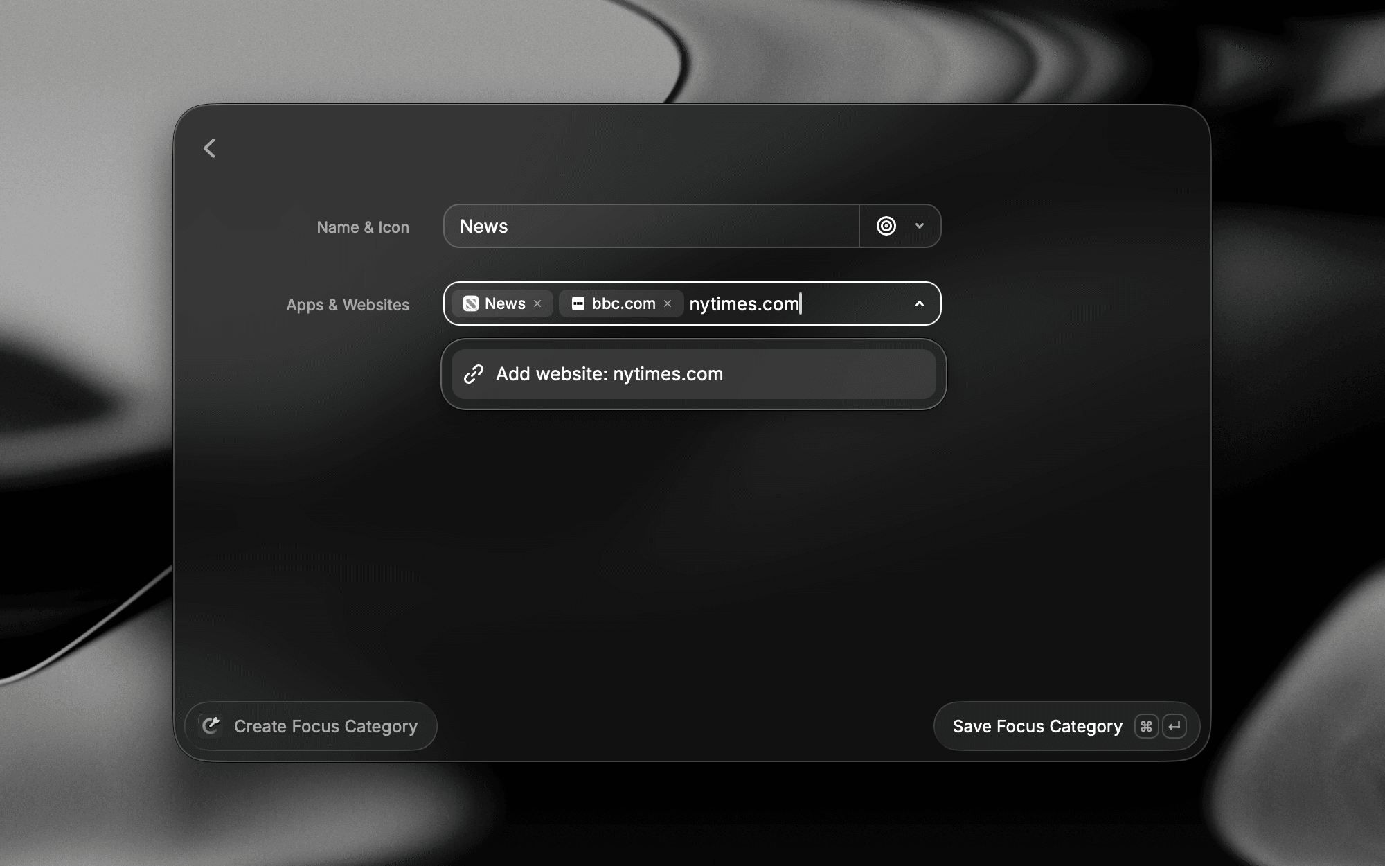 Create Focus Category form in Raycast showing a News category with apps and websites