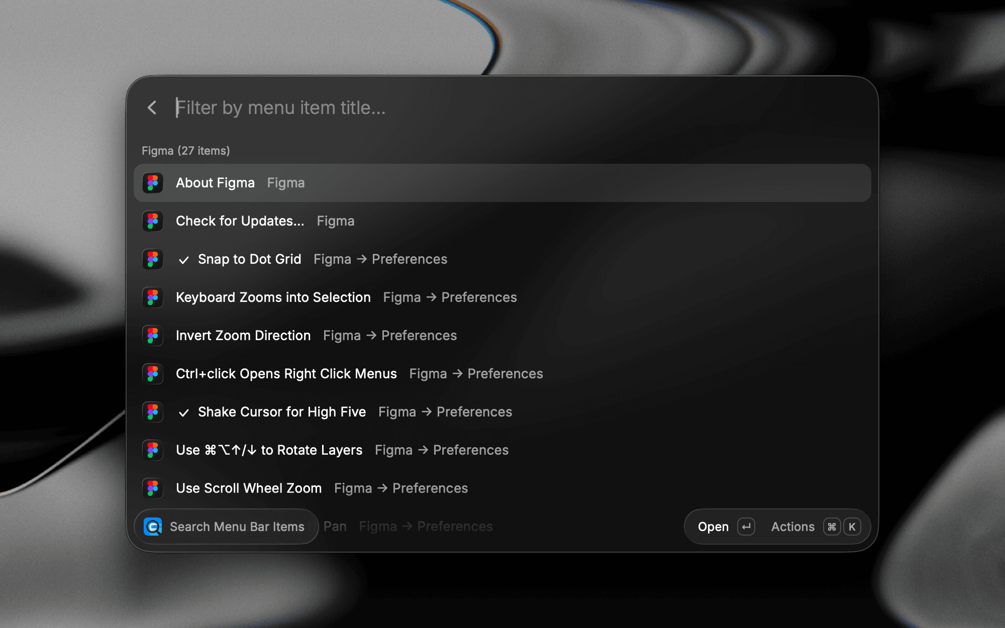 Search Menu Bar Items listing Figma's menu actions in Raycast, with each item showing its menu path