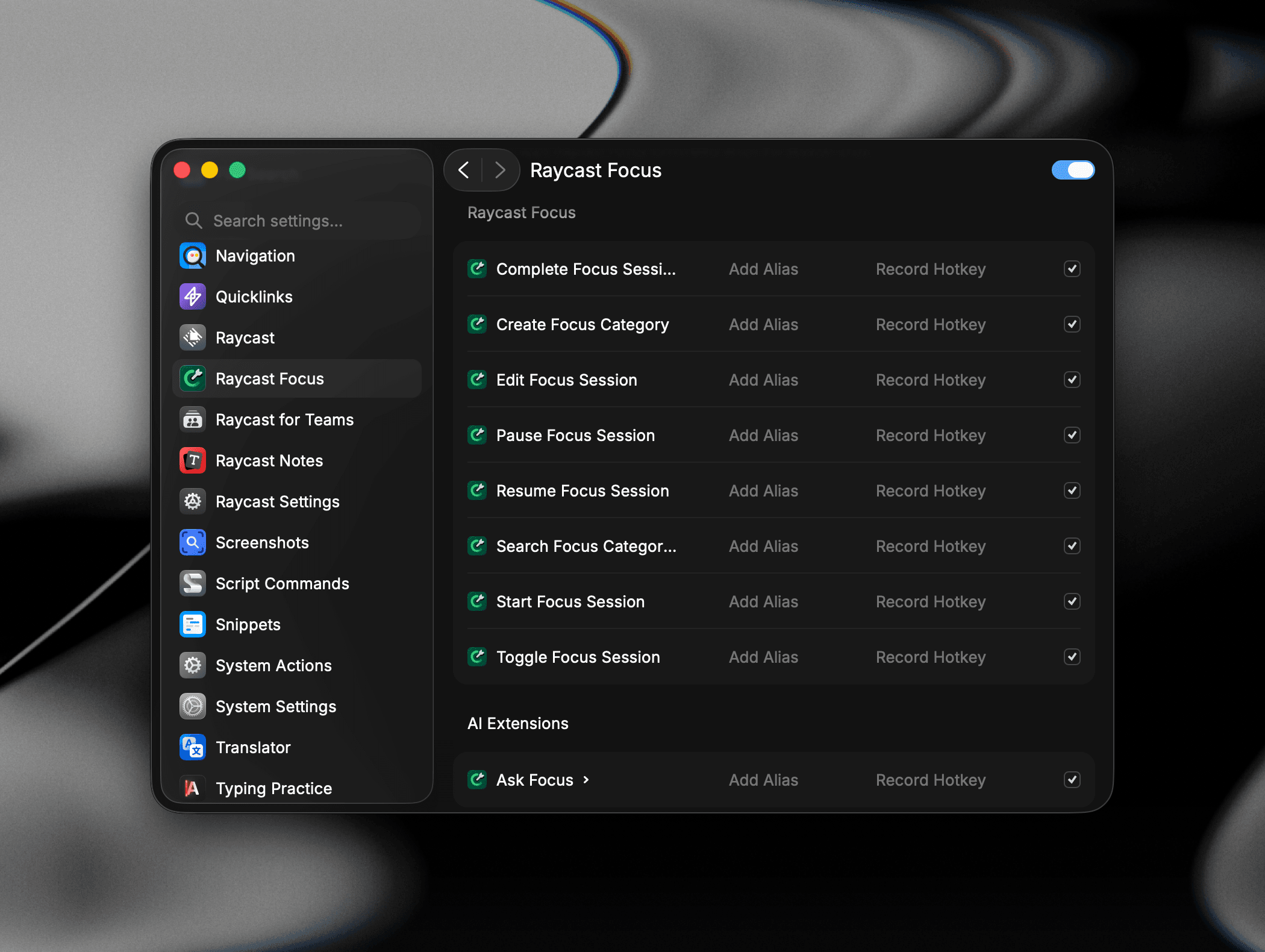Raycast Settings showing Focus commands with alias and hotkey options