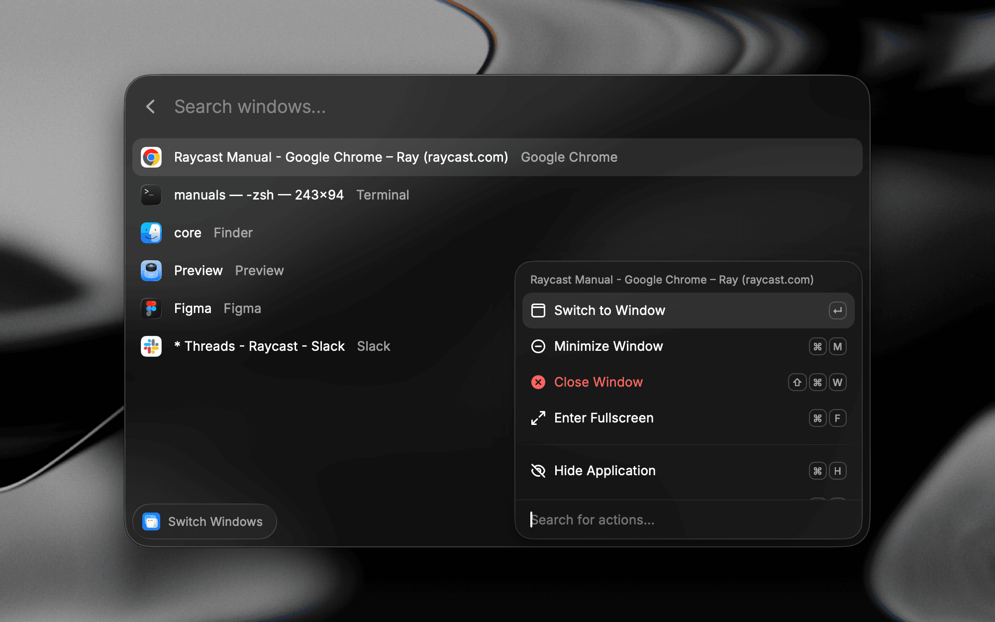 The Action Panel open on a Google Chrome window in Switch Windows, showing Switch to Window, Minimize Window, Close Window, Enter Fullscreen, and Hide Application actions