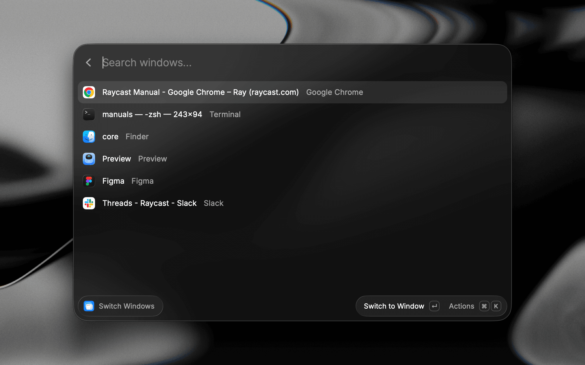Switch Windows in Raycast listing open windows from Google Chrome, Terminal, Finder, Preview, Figma, and Slack